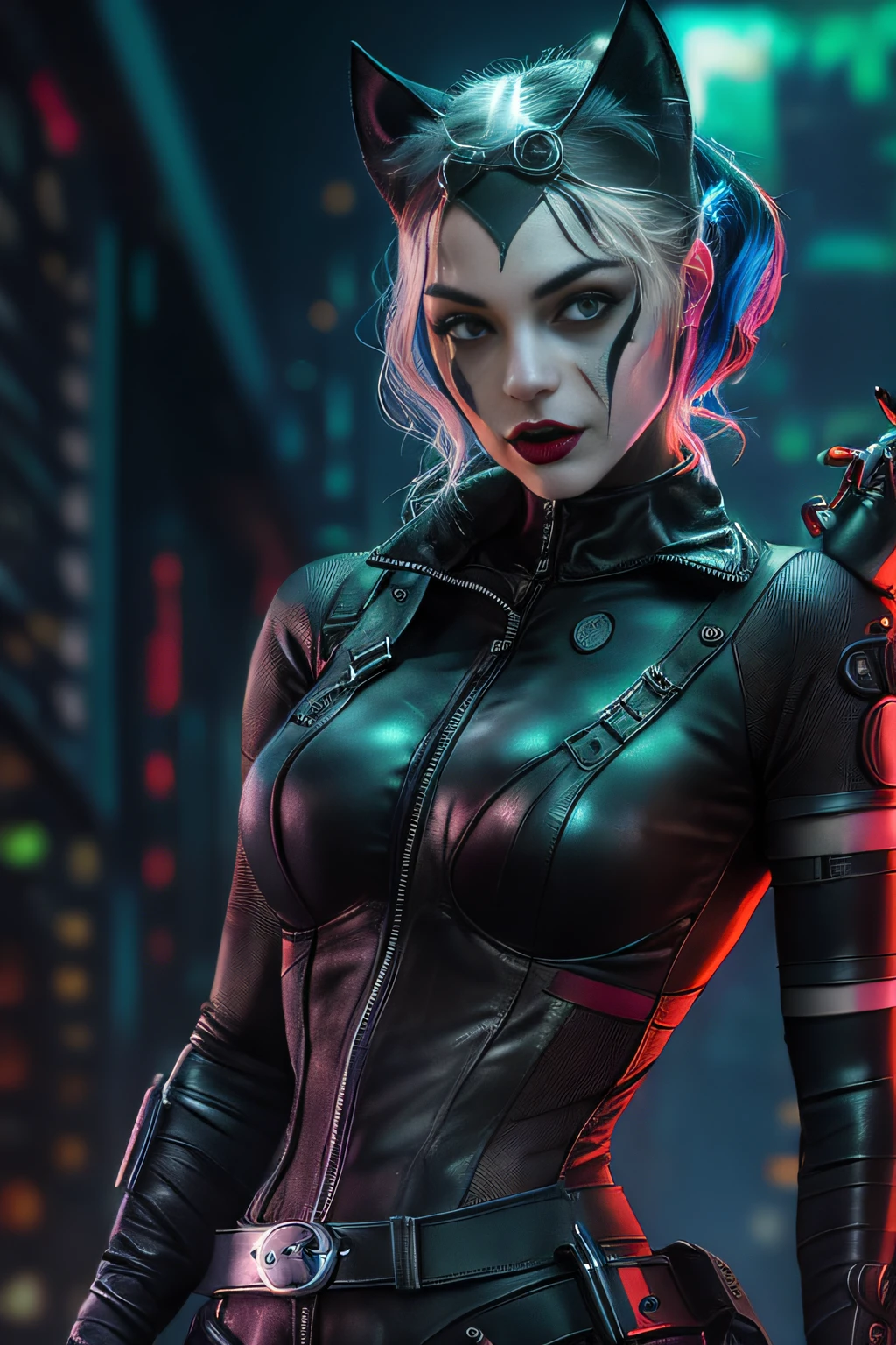 Catwoman and Harley Quinn combined as one character, (top-quality、8K、32K、​masterpiece、)、(The ultra -The high-definition)、(Photorealsitic:1.4)、Raw photography,Perfect eyes,Charming perfect figure,actionpose:1.2,Detailed cyberpunk fashion、World of Cyberpunk,depth of fields,blurry backround,、