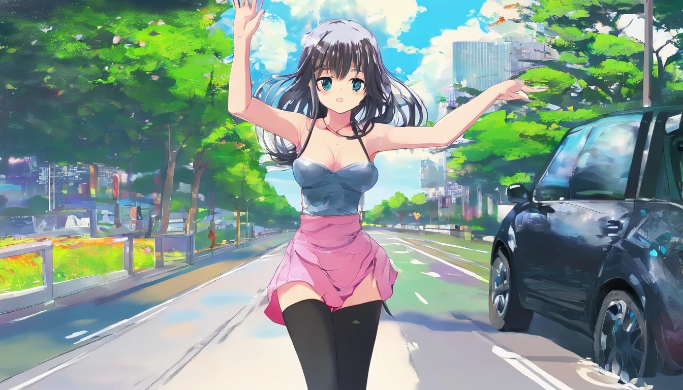 1girl, nsfw, Young girl standing on the side of the road, She wears a mini skirt with black tights and high heels, A tight top covers her beautiful breasts, She smiles at the observer and waves at him