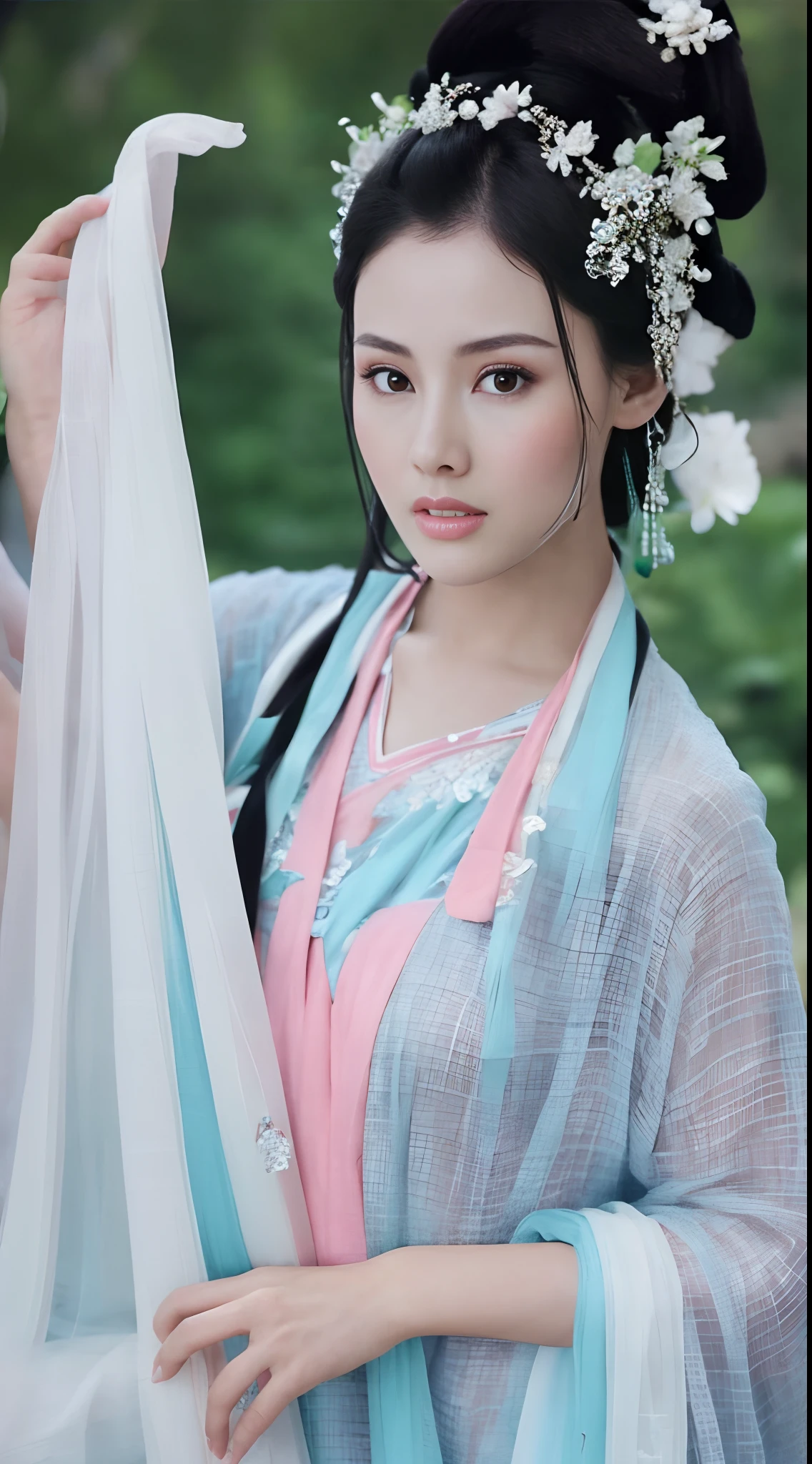 Fashion model 18 years old [[[[closeup cleavage]]]], [[[[boobgasm]]]], [[[[coll]]]], [[[[bshoulders]]]], perfect  eyes, Perfect iris，Perfect lips，perfect teeth，Perfect skin，with fair skin，hdr，Movie girl，Lilac ancient Chinese clothing，A delicate face，The background is an ancient Chinese interior，Outside the window is a mountain of green trees，fresh flowers，4K Ultra HD, 超高分辨率, (Photorealistic: 1.4), Best quality，Masterpiece，Utra dilution，（pastel colour：1.2）