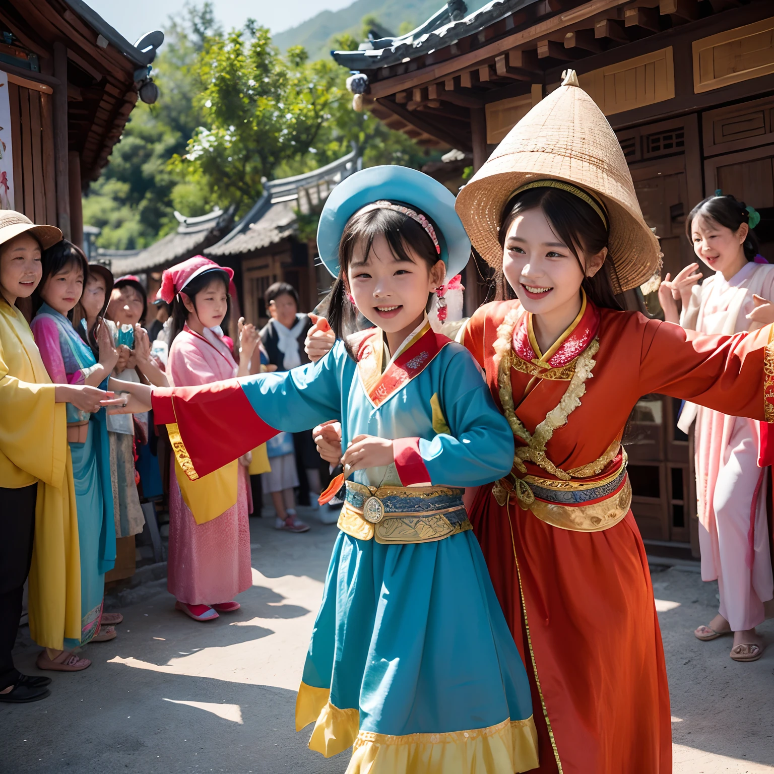 In a beautiful Zhuang village，Children dressed in beautiful Zhuang costumes play happily in the village，They wore beautiful Zhuang hats，Wearing brightly colored Zhuang costumes，Hand in hand, they sing and dance in a circle in the village