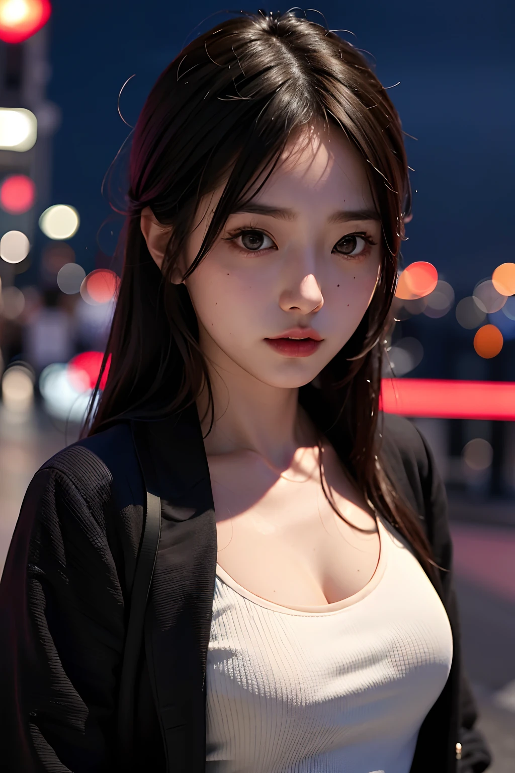 1girl, Tokyo street,night, cityscape,city lights, upper body,close-up, 8k, RAW photo, best quality, masterpiece,realistic, photo-realistic,