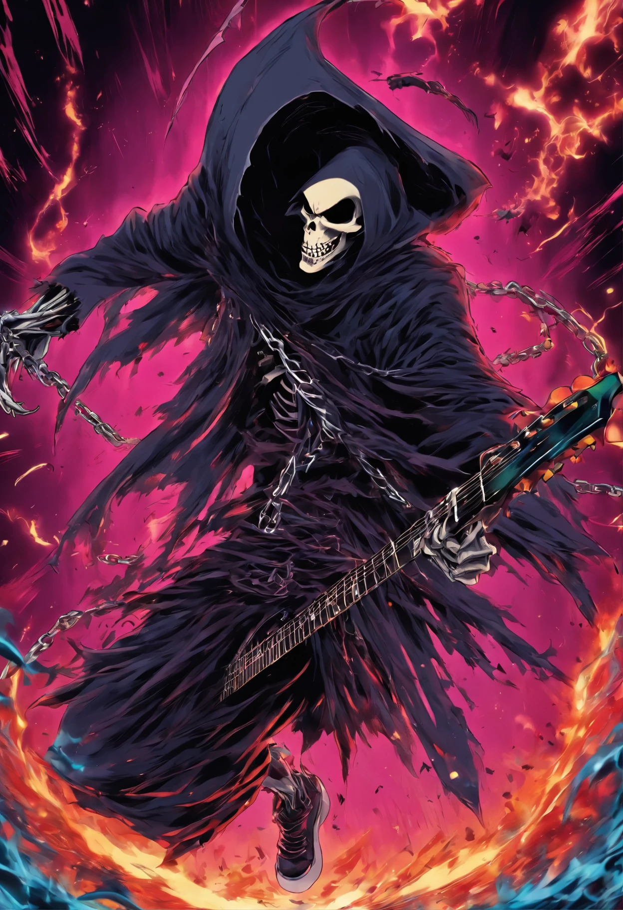 Japanese manga about a grim reaper is jumping and play a electric guitar with angry face and the spike chain around the neck with fisheye camera angle drawing style by Tite Kubo