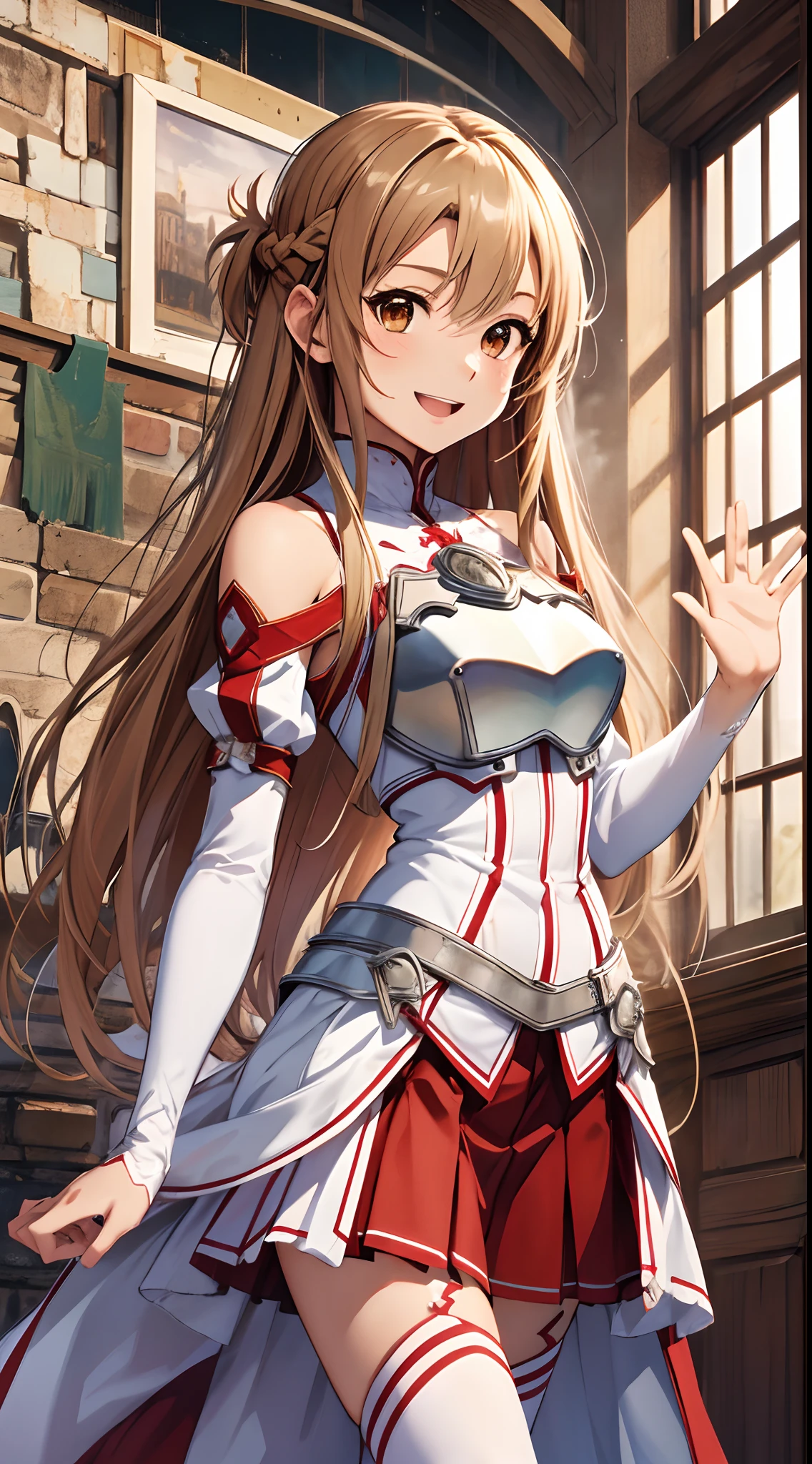 masterpiece, best quality, highres, aaasuna, long hair, brown hair, braid, brown eyes, bare shoulders, armor, breastplate, white sleeves, detached sleeves, red skirt, pleated skirt, white thighhighs, waving, smile, leaning forward, open mouth, town, fantasy