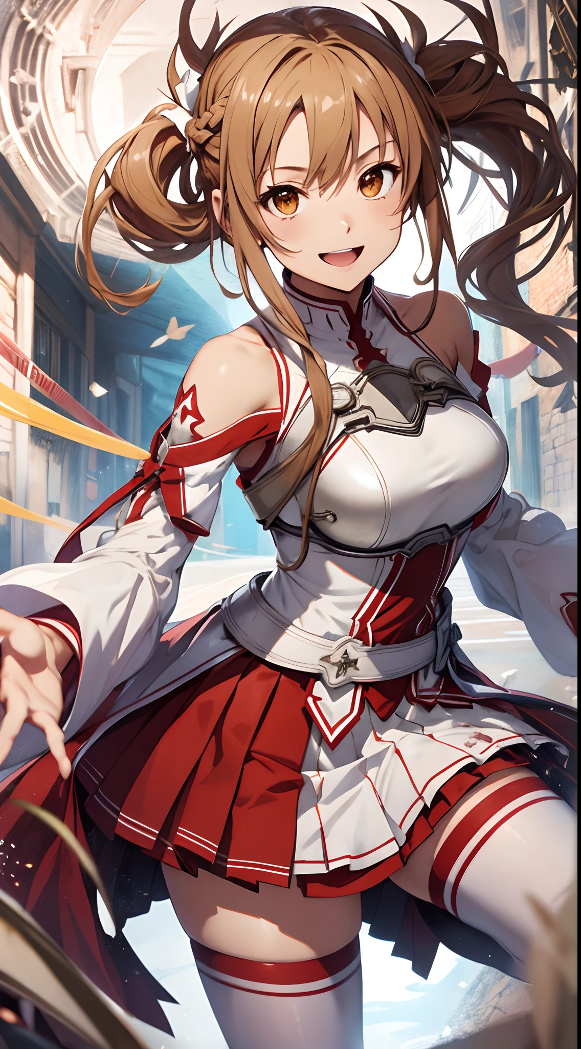 masterpiece, best quality, highres, aaasuna, long hair, brown hair, braid, brown eyes, bare shoulders, armor, breastplate, white sleeves, detached sleeves, red skirt, pleated skirt, white thighhighs, waving, smile, leaning forward, open mouth, town, fantasy