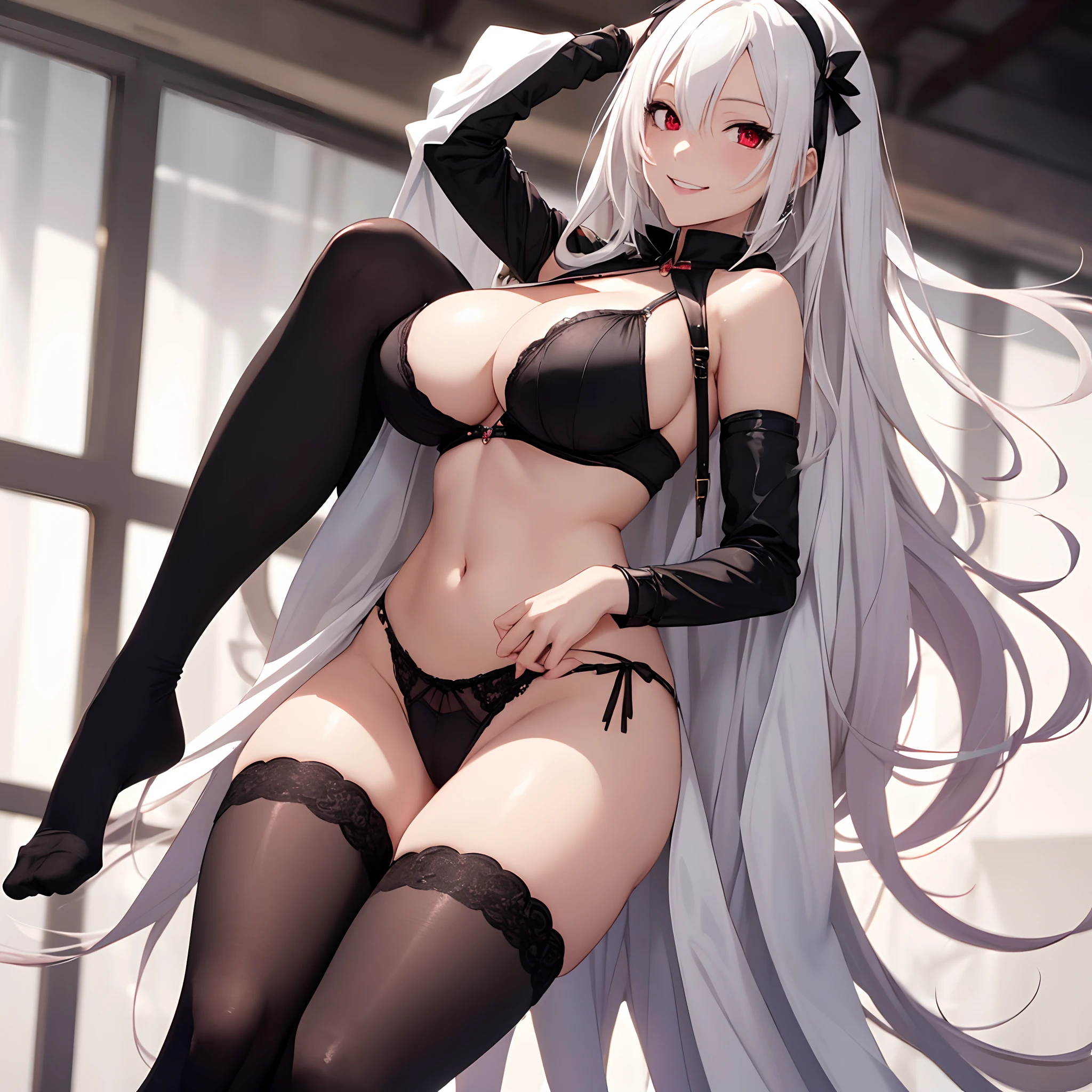 a really sexy female anime character with big breasts, long hair, and large eyes, 1girl,, solo, thighhighs, red eyes, long hair, huge breasts, smile, navel, looking at viewer, white hair, cleavage, black thighhighs, bare shoulders, black panties