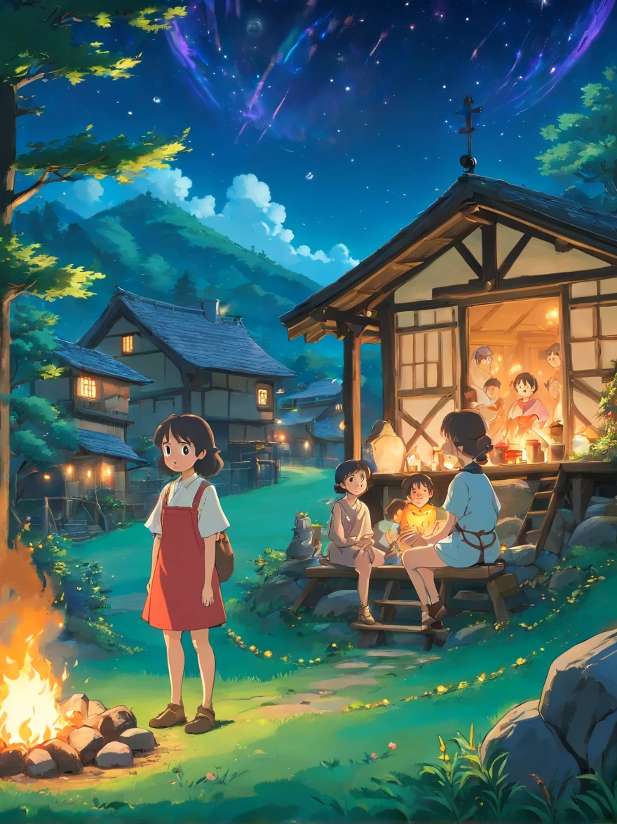 natta,The village is lit up,There was a campfire on the grass,There was no one on the screen,The stars twinkle in the sky