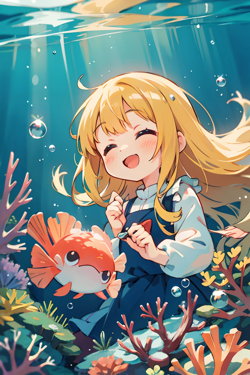 anime girl in blond long hair, underwater, corals, bubbles, happy, clear shot
