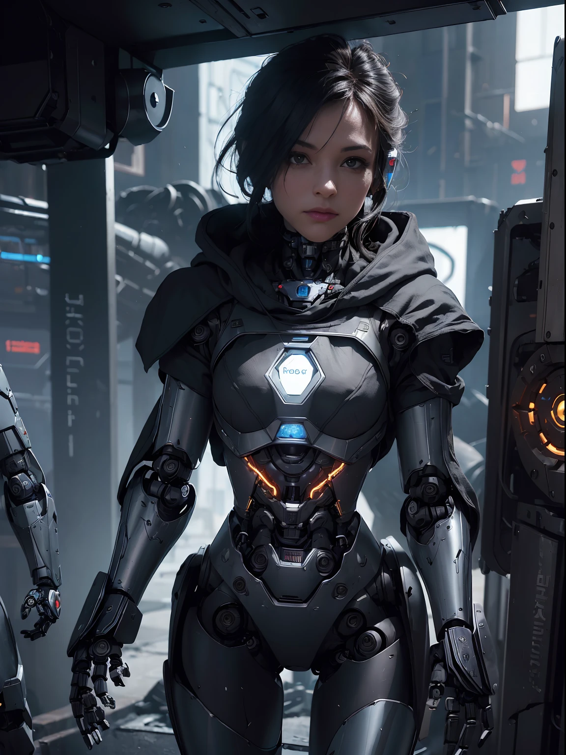 ((Robotic rogue:1.25)) scene featuring Rogue Sablesteel, a rogue adventurer with cybernetic enhancements, a cloak made of reactive fibers, and an arsenal of advanced tech. She navigates a high-tech dystopia with cunning and style