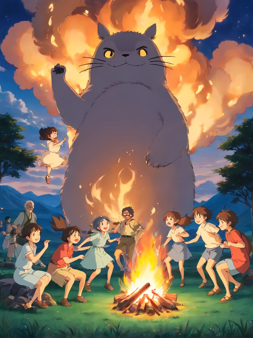 In the evening, everyone dances around the campfire on the grass