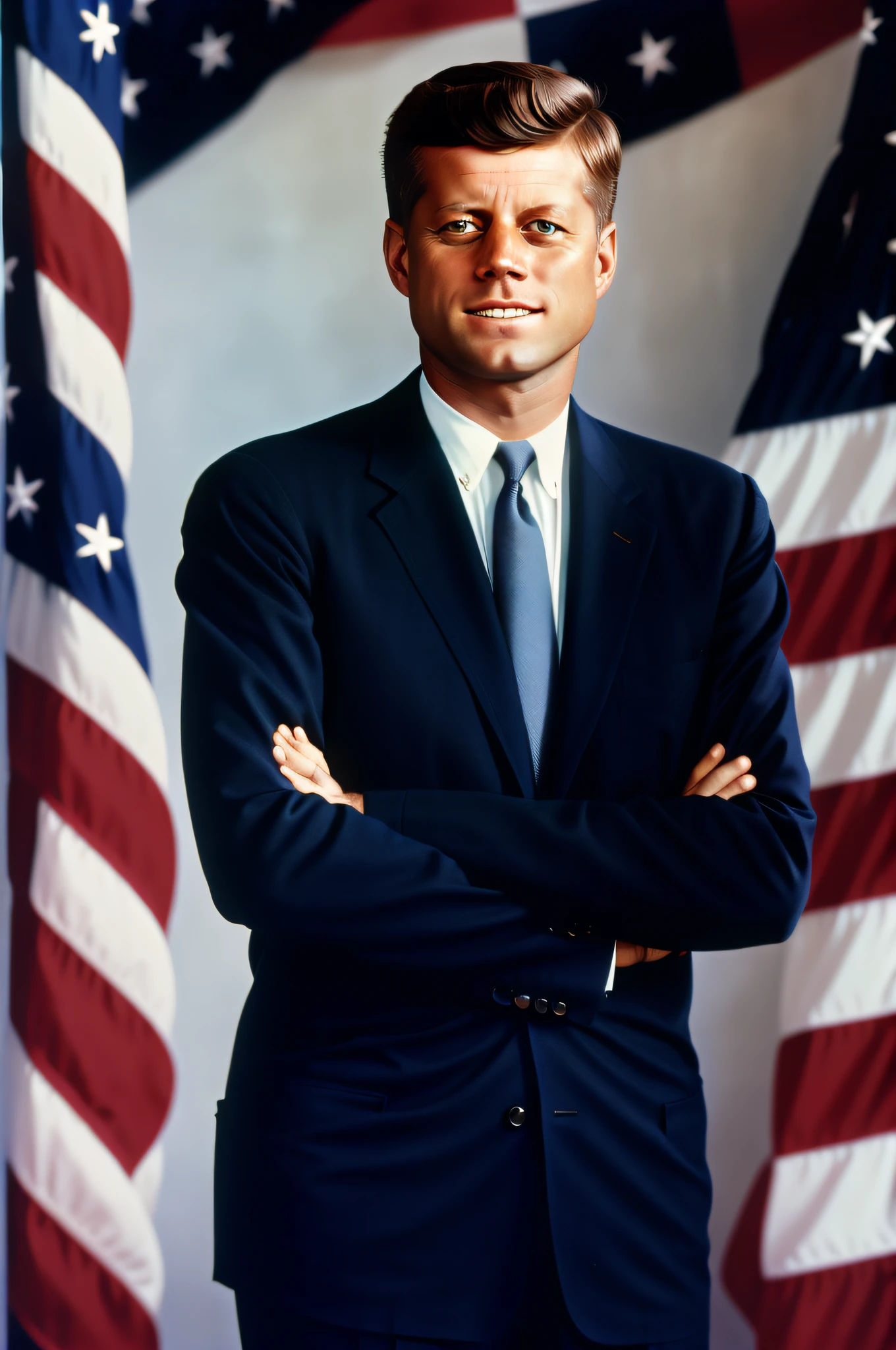 A stunning portrait of John F. Kennedy, with his piercing blue eyes and confident smile, standing in front of the American flag.