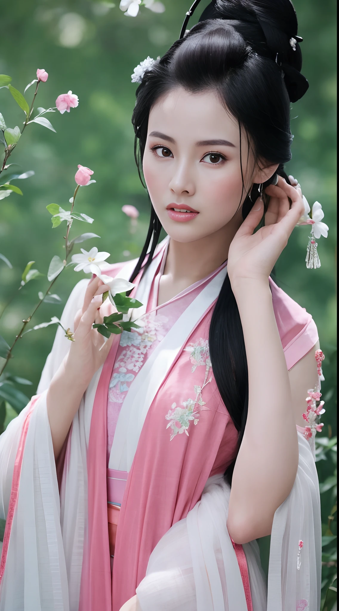 Fashion model 18 years old [[[[closeup cleavage]]]], [[[[boobgasm]]]], [[[[coll]]]], [[[[bshoulders]]]], perfect  eyes, Perfect iris，Perfect lips，perfect teeth，Perfect skin，with fair skin，hdr，Movie girl，Pink ancient Chinese clothing，A delicate face，The background is an ancient Chinese interior，Outside the window is a mountain of green trees，fresh flowers，4K Ultra HD, 超高分辨率, (Photorealistic: 1.4), Best quality，Masterpiece，（pastel colour：1.2）