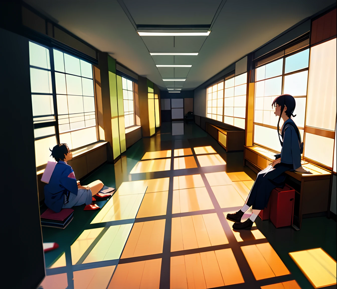 there are two people sitting on the floor in a hallway, japanese high school, in a japanese apartment, kneeling at the shiny floor, by Yokoyama Taikan, in the high school gym, by Aguri Uchida, taken with sony alpha 9, a wide shot, wide shot photograph, open space, masterpiece, best quality