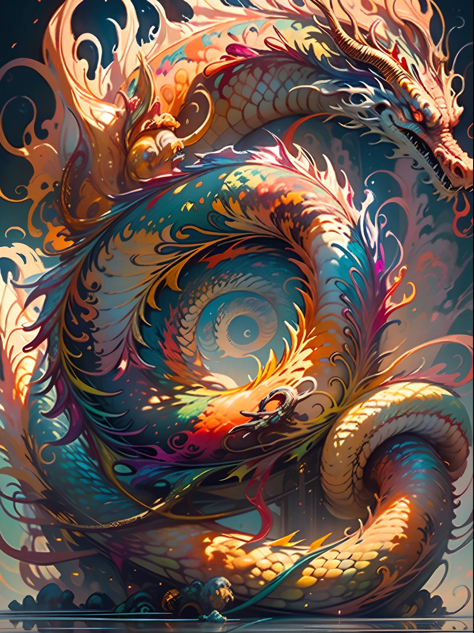 (Best quality, masterpiece, super high resolution), (length: 1.2), (fine: 1.2), coiled serpentine body, reasonable body structure logic, long hair, sharp teeth, red eyes, outdoor, standing, clouds, horns, armor, sky, open mouth, confrontation, charge, monster, building, valley, (realistic texture: 1.2), (glowing colorful brilliant neat scales: 1.2), (realistic details: 1.2), HDR, ultra-refined 3D modeling, like Tim Burton, The style paintings painted by Dale Chihuli, Xiaolongcheng, Cyril Rolando and other authors such as Jingjig are just as magical, with shadows and light intertwined to produce brilliant effects,