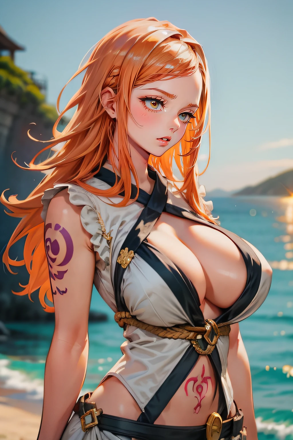 1girl, minimalism, Nami, tattoo right arm, huge breast, orange hair, Eiichirō Oda, simple, vector, sexy body, sea from background,))