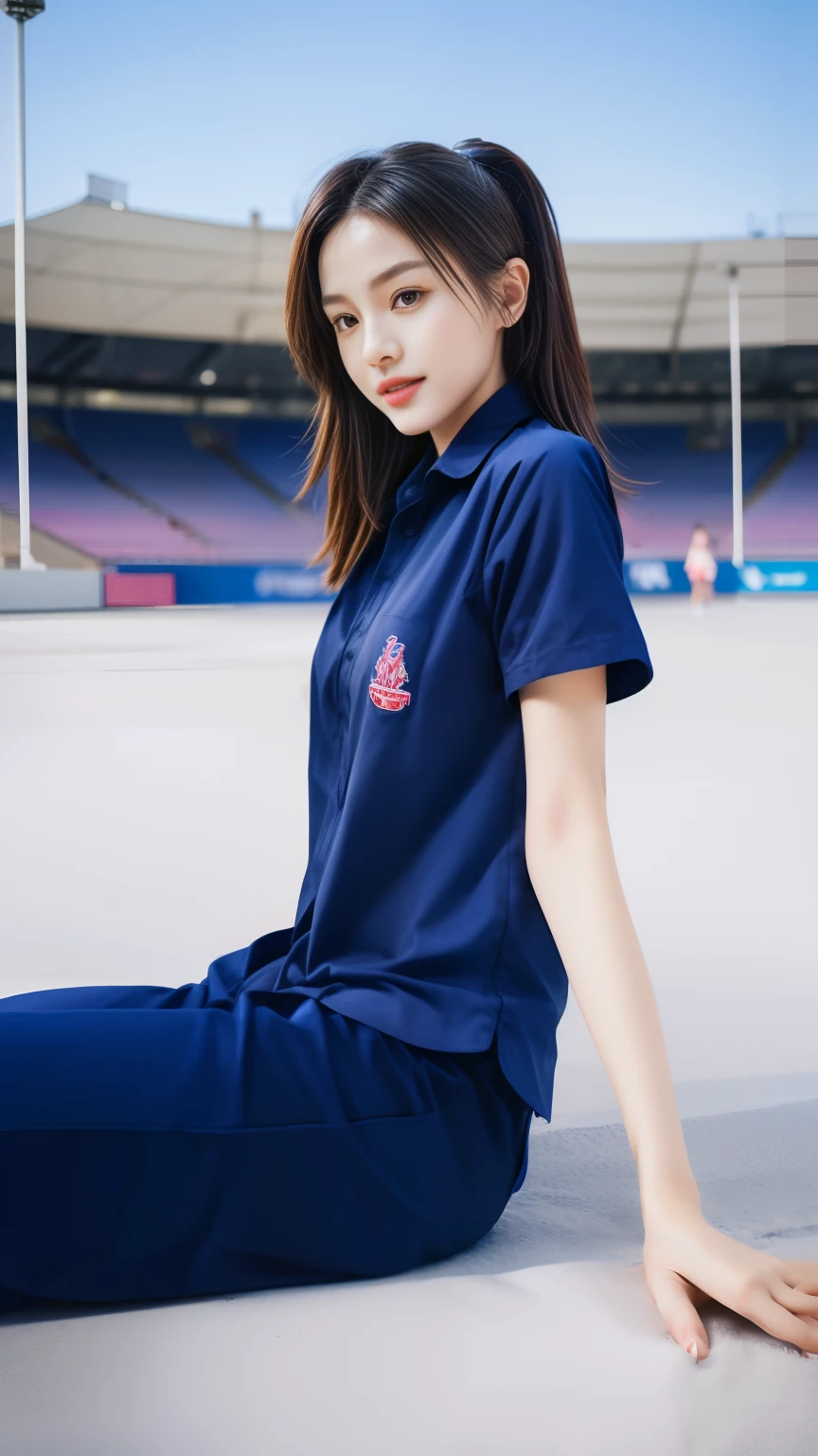 (bestquality,10,10,highres,masterpiece:1.2),ultra-detail,(Realistic,photorealistic portrait,photo-realistic:1.37),1 cute girl sitting on the football field,oily shiny skin,bara,light smile,BDclothes,((blue shirt:1.3)),short sleeves,shirt, trousers.,(navy_long_Pants Track:1.1), ((Stadium Background:1.3)),dynamic angle,excited,face focus,Dynamic Poses,from behide,Ass Focus,masterpiece, bestquality, ultra realistic, hyper-detail, 8k resolution, RAW photo, crisp focus, ((Navy blue shirt:1.1)), short sleeves, Long Path, Perfect body, 2 mature women, 18yo, cinematic light,Blue sweatpants,Gymware,Correct anatomy,Complete body, Correct body, sharp face, Anatomically correct body, full entire body, Realistic gestures, long-haired, Realistic poses,Wear long shorts..................,Long leg span,Shapely,Sculpting Girl, Slender Figure, mannequin mannequins, Shapely, Beautiful body,Blue sweatpants