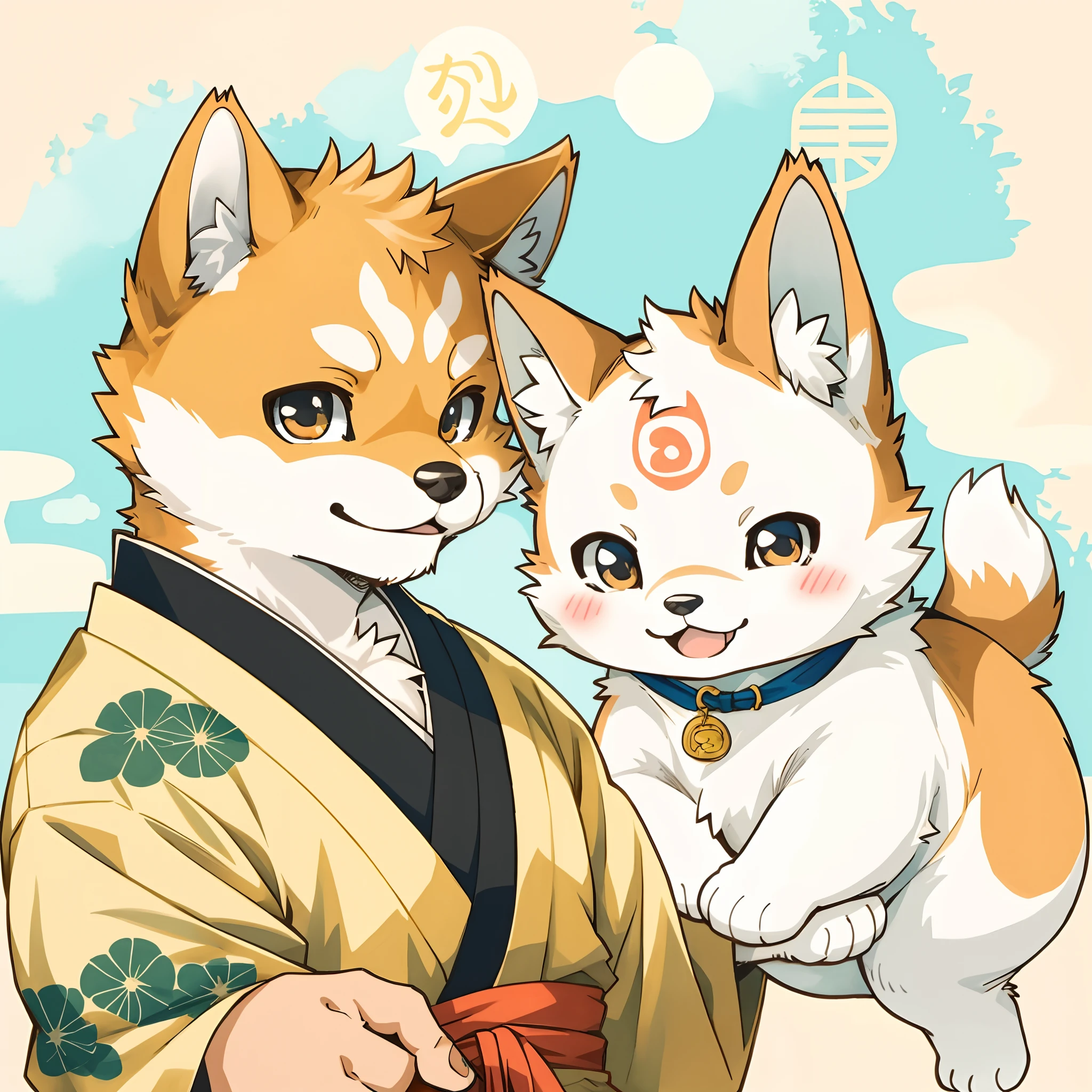 Copic marker illustration in a Japanese manga style of a Shiba Inu, mimicking the pose of a Maneki Neko,