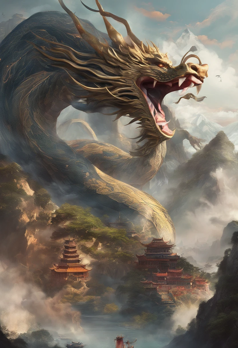 Xuanwu（the body of the，The head of the Chinese dragon，The long tail of the snake），tosen，Huge waves，China-style，oc rendered，super-fine，high qulity，8K high resolution，ultra - detailed