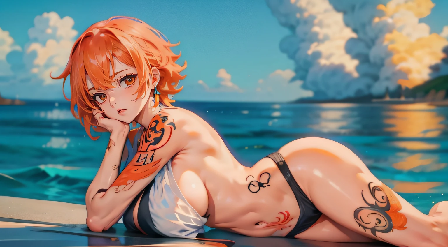 1girl, minimalism, Nami, tattoo right arm, huge breast, orange hair, Eiichirō Oda, simple, vector, sexy body, sea from background,))
