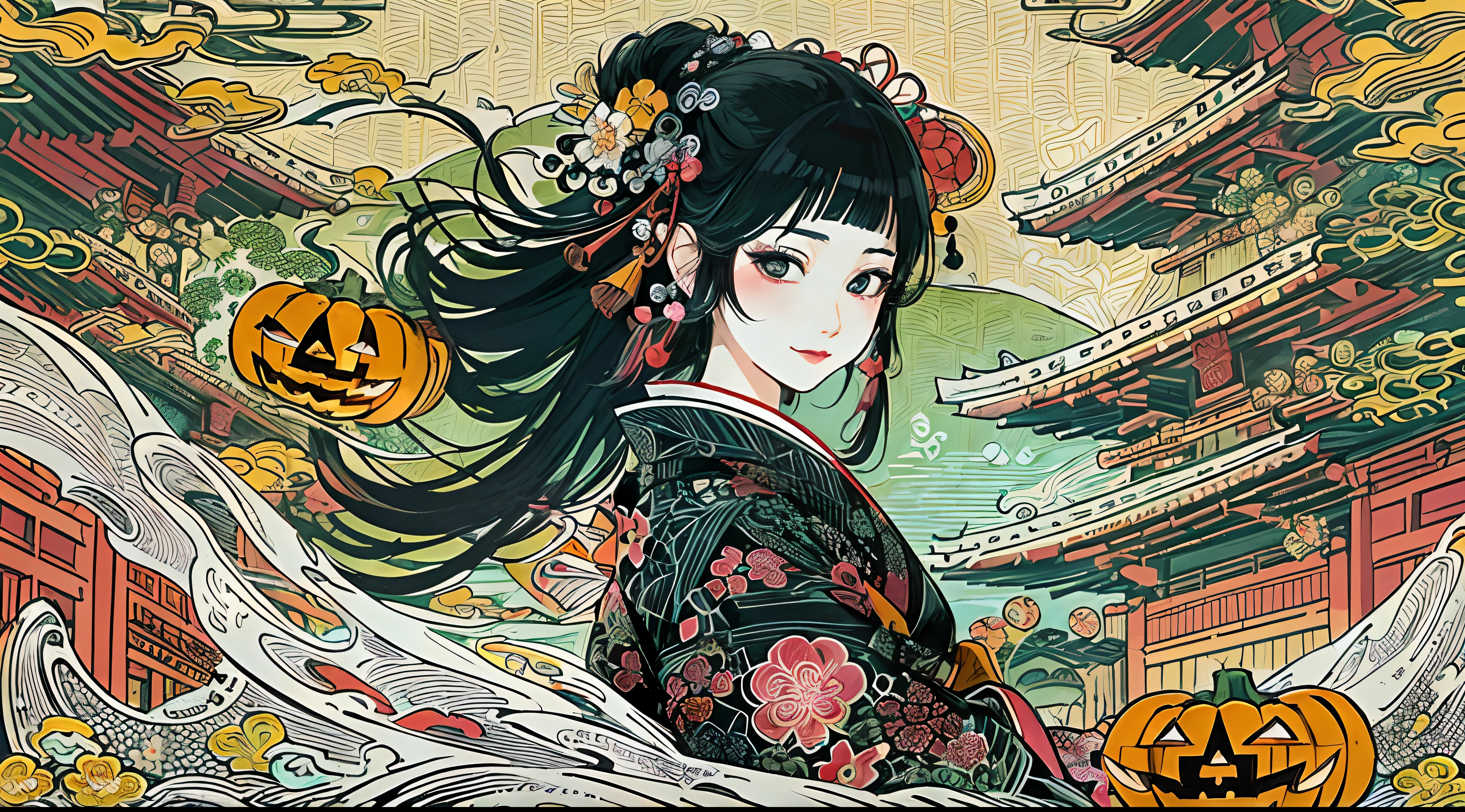 (masuter piece、top-quality、ukiyoe style、Mystical、Beautifully Aesthetic、offcial art、Sharaku:1.2)、(1 girl in:1.3)、(Fractal Art:1.3)、cowboy shot、white and clean skin、(Beautiful black hair、Kimono:1.2)、Traditional performing arts of Japan in the background、highly colorful、(scrollwork、A Japanese style:1.2)、Ghost pumpkin、Halloween