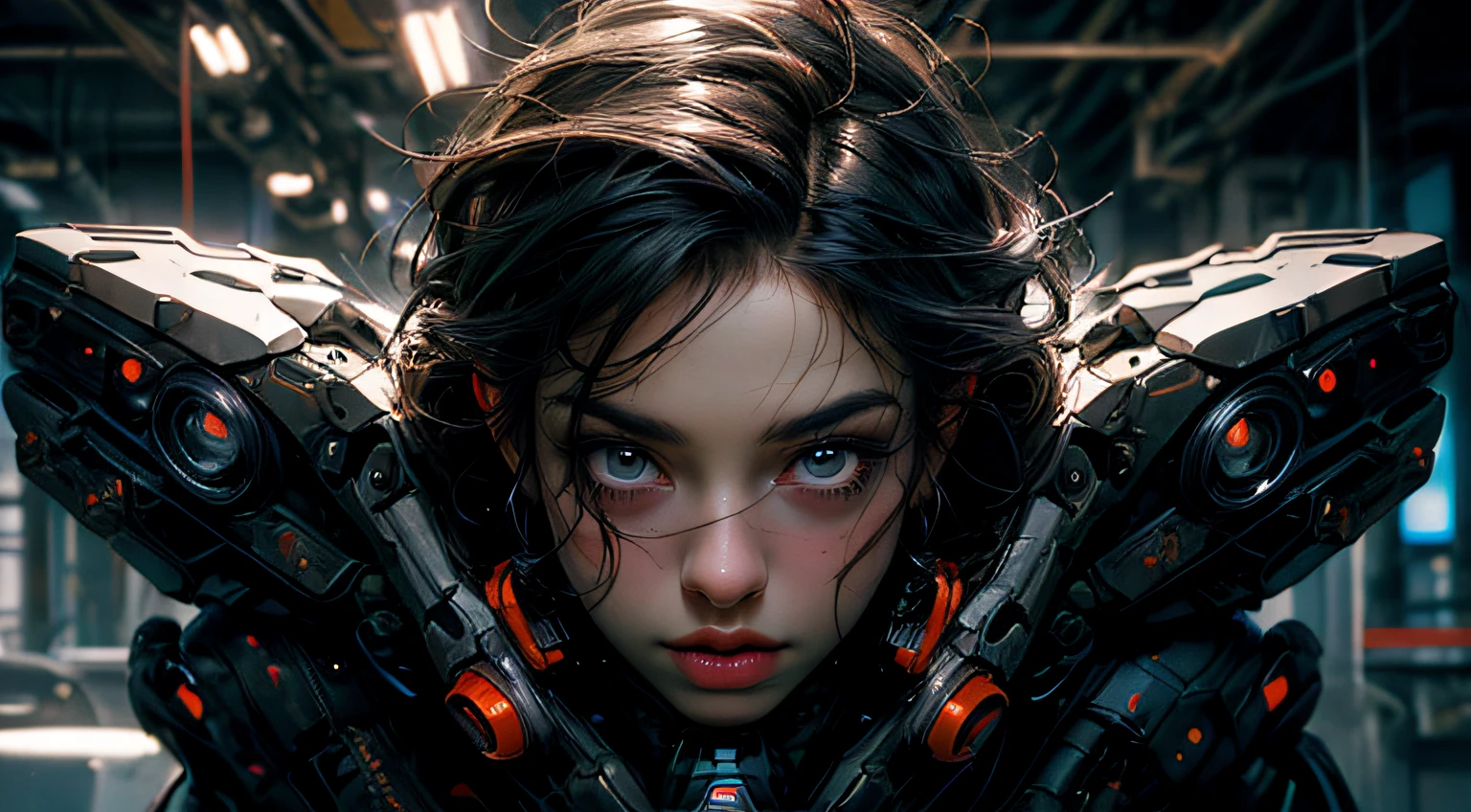 cgmech, beautiful eyes, upper body, underboob, portrait, robot,white orange armor, shimmering black hair, neon light, 8K, RAW, best quality, masterpiece, ultra high res, colorful, (medium wide shot), (dynamic perspective), sharp focus , (depth of field, bokeh:1.3), extremely detailed eyes and face, beautiful detailed eyes,large breasts,(black gold, trimmed gear:1.2),(In a futuristic weapons factory:1.2), ((masterpiece, best quality)), Detailed background, spaceship interior