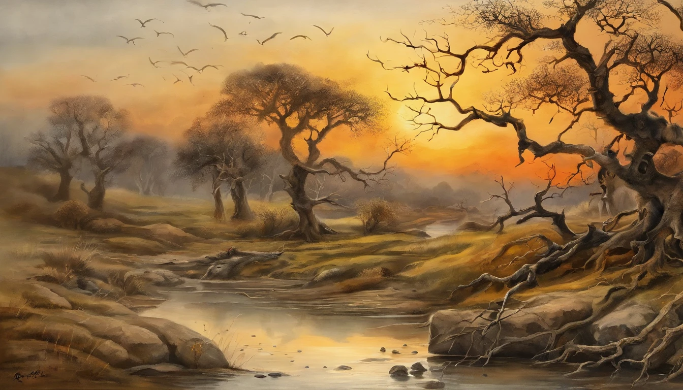 RAW photo of the landscape,Dead vines, old trees, and crows,Small bridges and flowing water,Ancient road west wind thin horse,Sunset,Broken intestines are at the end of the world,Inspired by the Tang dynasty poet Ma Zhiyuan,small detailed,realisticlying,ultra real photo,8K UHD,Digital SLR,softlighting,high high quality,filmgrain,Fujifilm XT3,(tmasterpiece)