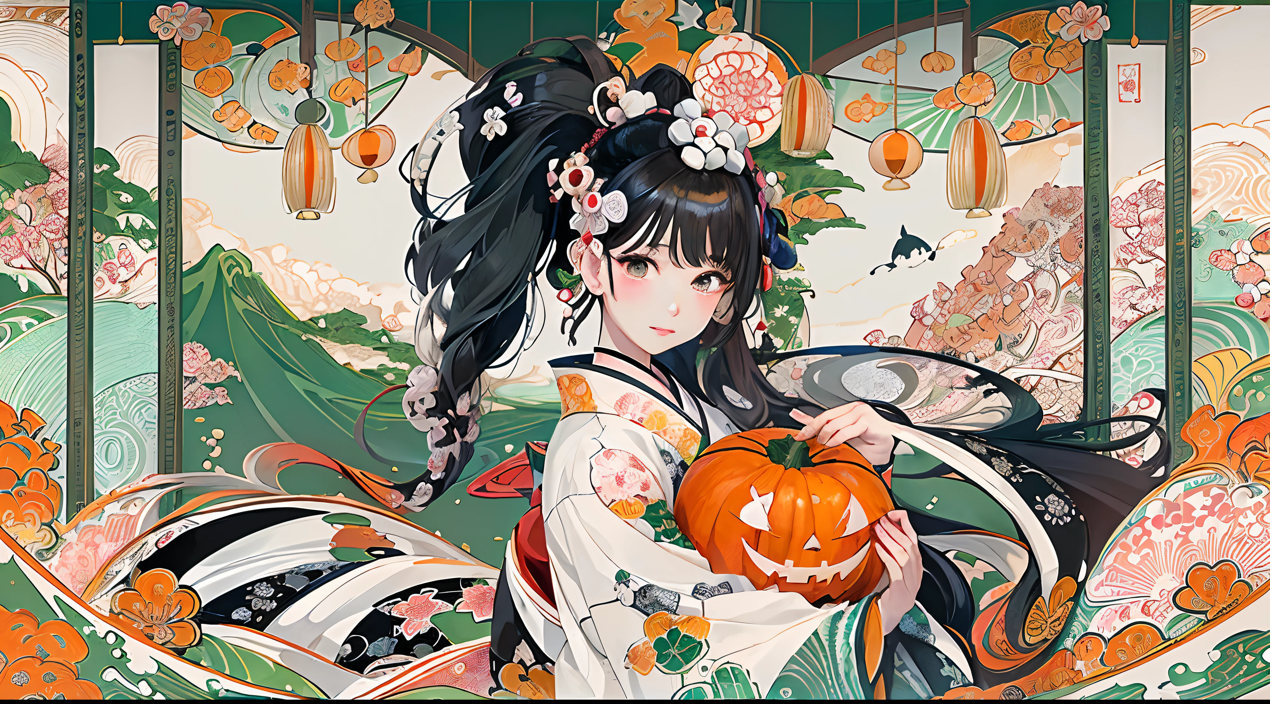 (masuter piece、top-quality、ukiyoe style、Mystical、Beautifully Aesthetic、offcial art、Sharaku:1.2)、(1 girl in:1.3)、(Fractal Art:1.3)、cowboy shot、white and clean skin、(Beautiful black hair、Kimono:1.2)、Traditional performing arts of Japan in the background、highly colorful、(scrollwork、A Japanese style:1.2)、Ghost pumpkin、Halloween