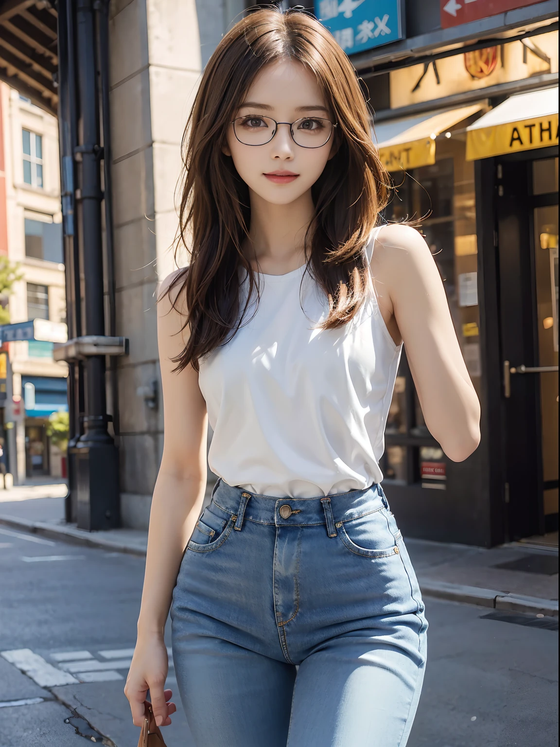 Daytime, Sunnyday, ((Low Rise Skinny Jeans)), (Deep Blue Jeans), White tops、A city scape, 1womanl, Solo, 24 year old, 7headed body, (Wearing glasses:1.3), (cute  face), (Ideal ratio body proportions), (Beautiful hip line), (Pelvic expanse), (Composition from head to below the knee), Smiling smile, Sexy body, (long:1.3), (light brown hair:1.3), (small tits:1.4), A slender, Small buttocks, beauty legs, Skinny Legs, surrealism, Cinematic lighting, depth of fields, One-person viewpoint, F/1.8, 135 mm, nffsw, masutepiece, ccurate, ((Anatomically correct)), Textured skin, Super Detail, high details, High quality, awardwinning, Best Quality, hight resolution, 8K