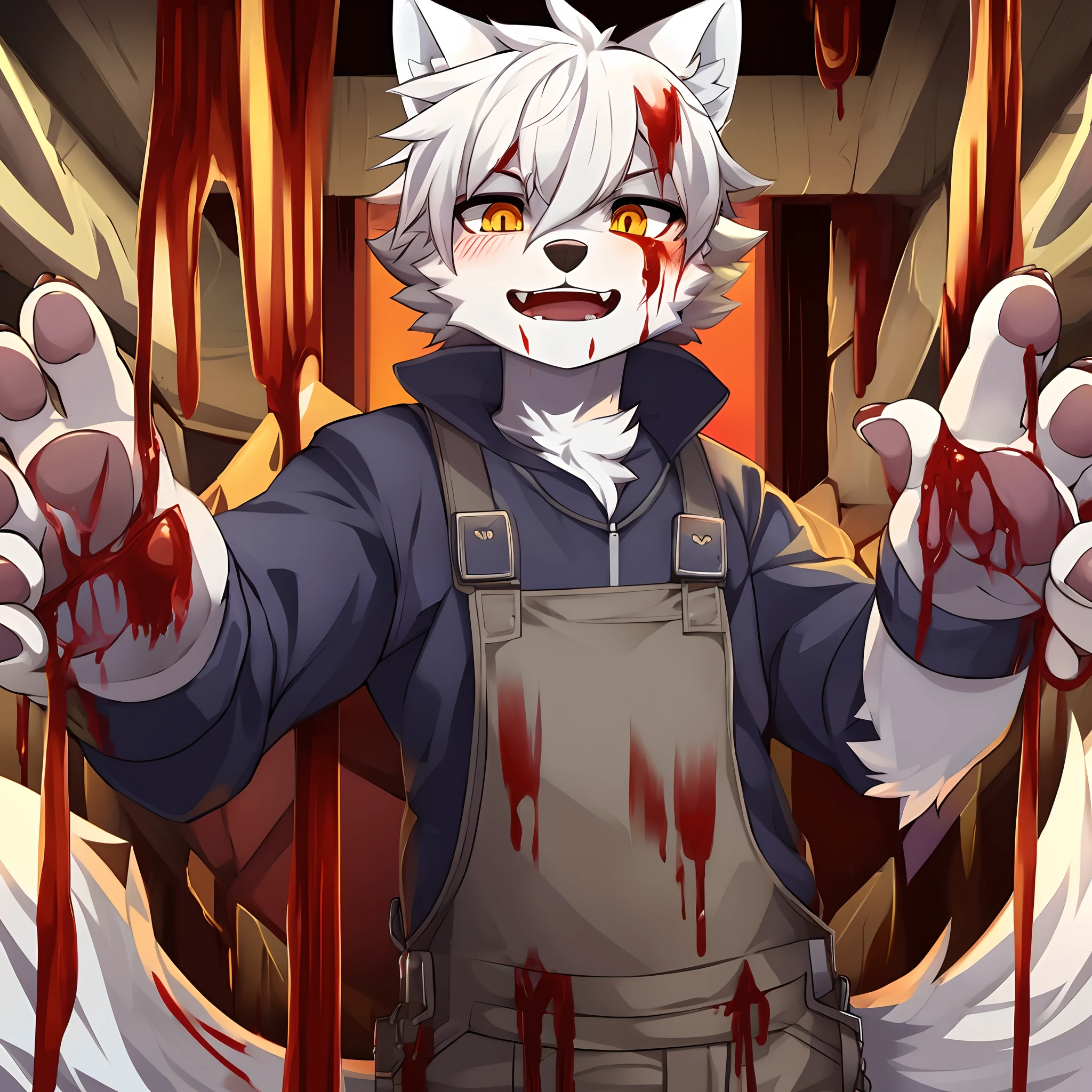 terroral,blood vess,Be covered in blood,The corners of his mouth were stained with blood,solo person,White body,White ears,White hair,White fur,Overall white,Orange-yellow eyes,Wolf tail,Wolf orcs,Wolf paws,Young,Wear a jacket,Ultra-clear screen,Soft lines