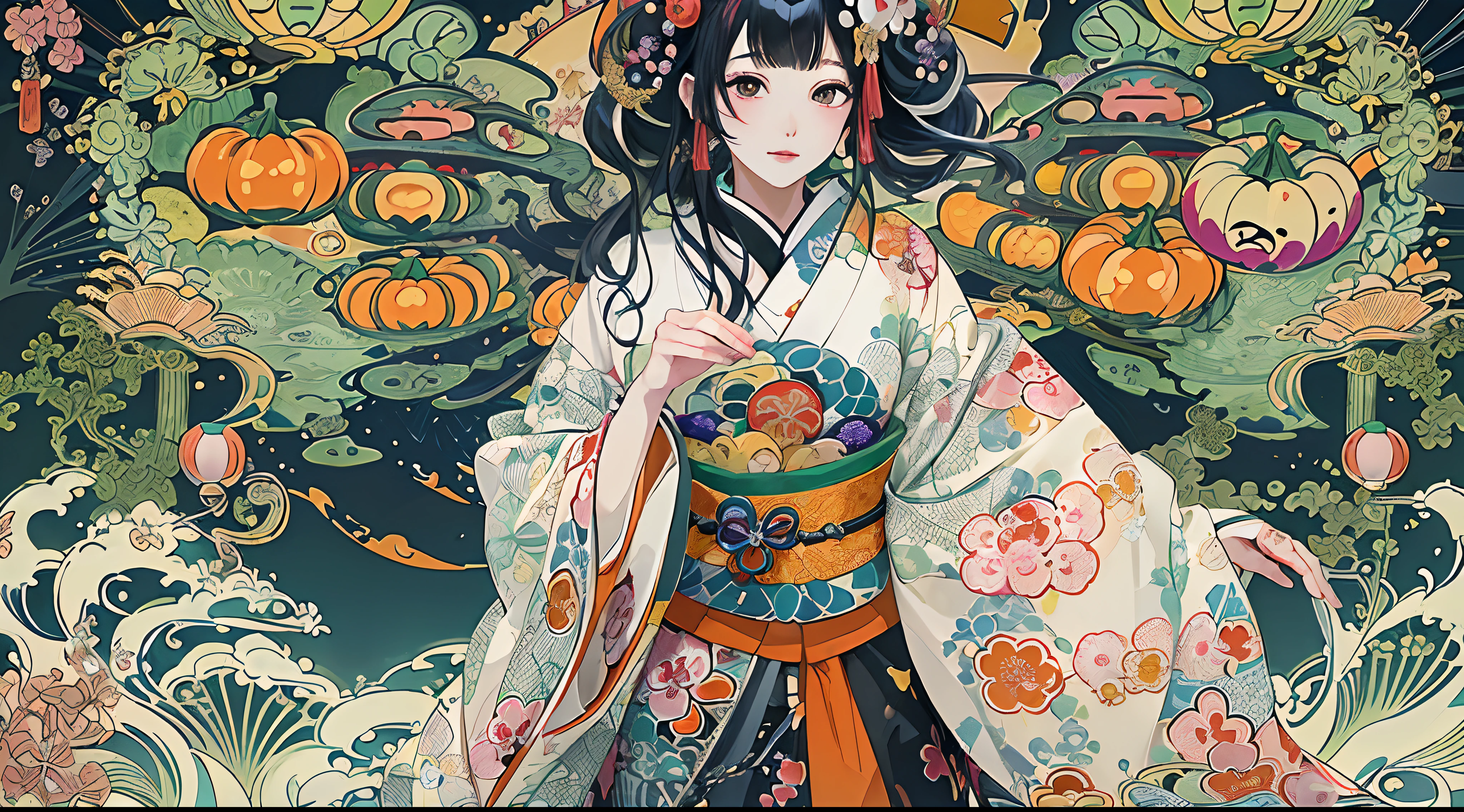 (masuter piece、top-quality、ukiyoe style、Mystical、Beautifully Aesthetic、offcial art、Sharaku:1.2)、(1 girl in:1.3)、(Fractal Art:1.3)、cowboy shot、white and clean skin、(Beautiful black hair、Kimono:1.2)、Traditional performing arts of Japan in the background、highly colorful、(scrollwork、A Japanese style:1.2)、Ghost pumpkin、Halloween
