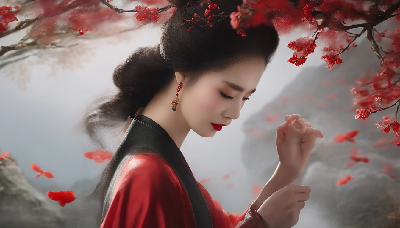 Woman with red lipstick, Gauze skirt,the wall,tearful,inspired by Luo Mu, inspired by Yao Tingmei, ruan jia beautiful!, 张曼玉, Traditional beauty, Inspired by Huang Ji, inspired by Li Mei-shu, inspired by Park Hua, Inspired by Lan Ying, inspired by Lü Ji, swordsmen,Masterpiece,Best quality,High detail,Dissection is correct,8K,
