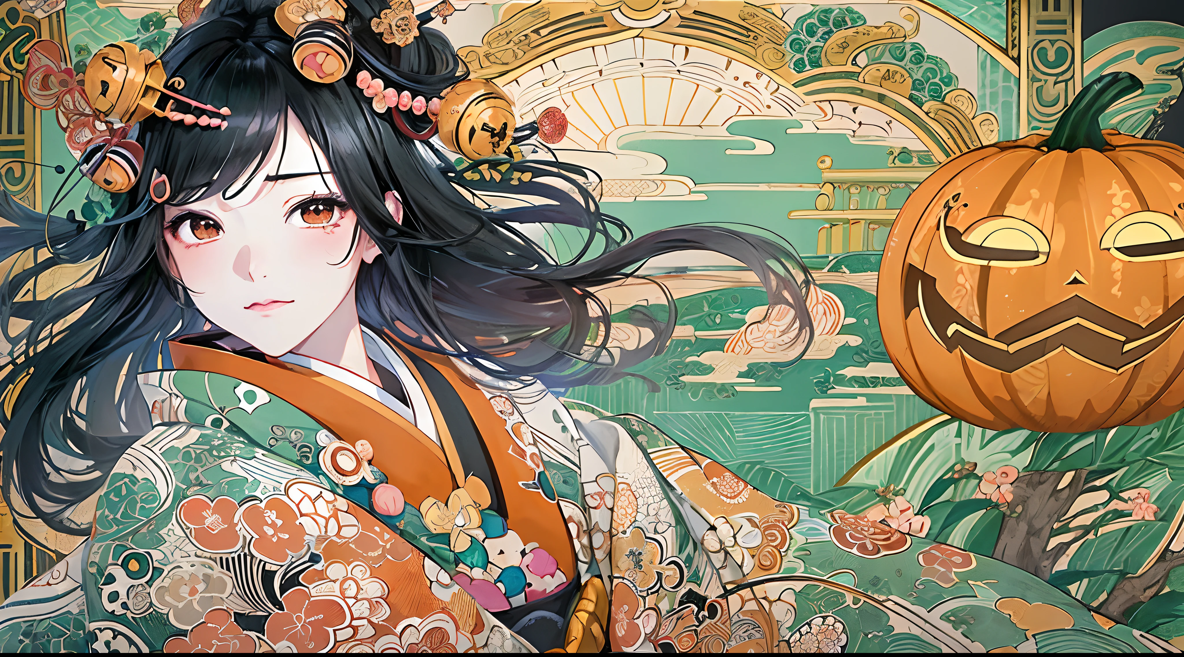 (masuter piece、top-quality、ukiyoe style、Mystical、Beautifully Aesthetic、offcial art、Sharaku:1.2)、(1 girl in:1.3)、(Fractal Art:1.3)、cowboy  shot、white and clean skin、(Beautiful black hair、Kimono:1.2)、Traditional performing arts of Japan in the background、highly colorful、(scrollwork、A Japanese style:1.2)、Ghost pumpkin、Halloween