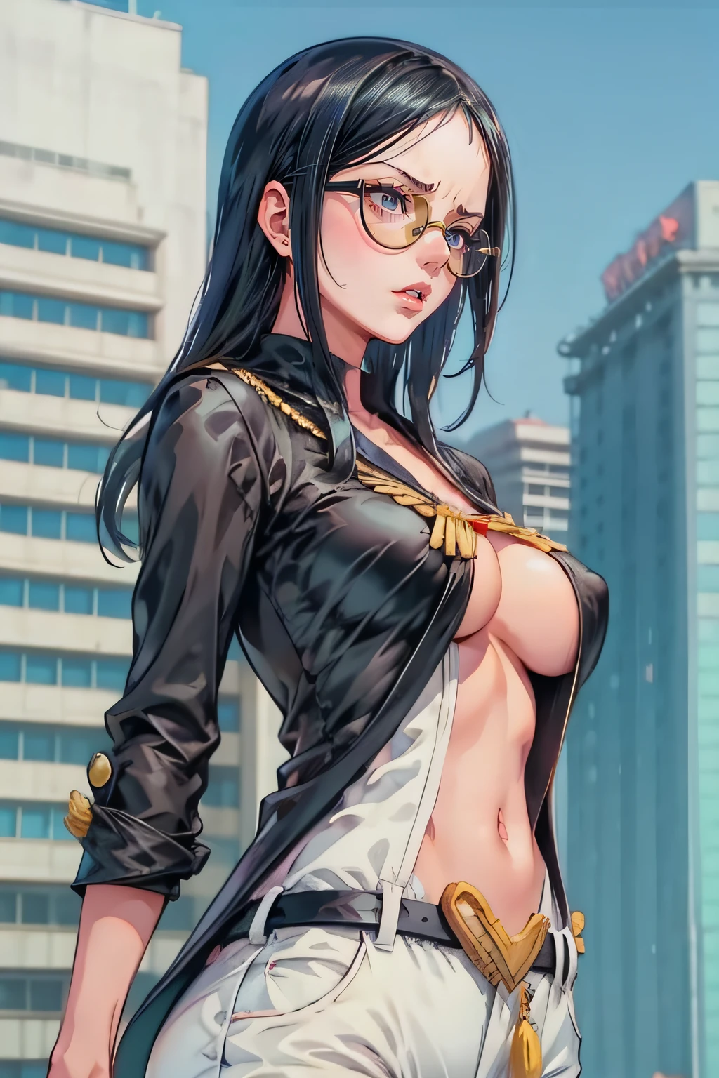 1girl, minimalism, Nico Robin, dark hair, sunglasses, Eiichirō Oda, simple, vector, huge breast, city from background,))