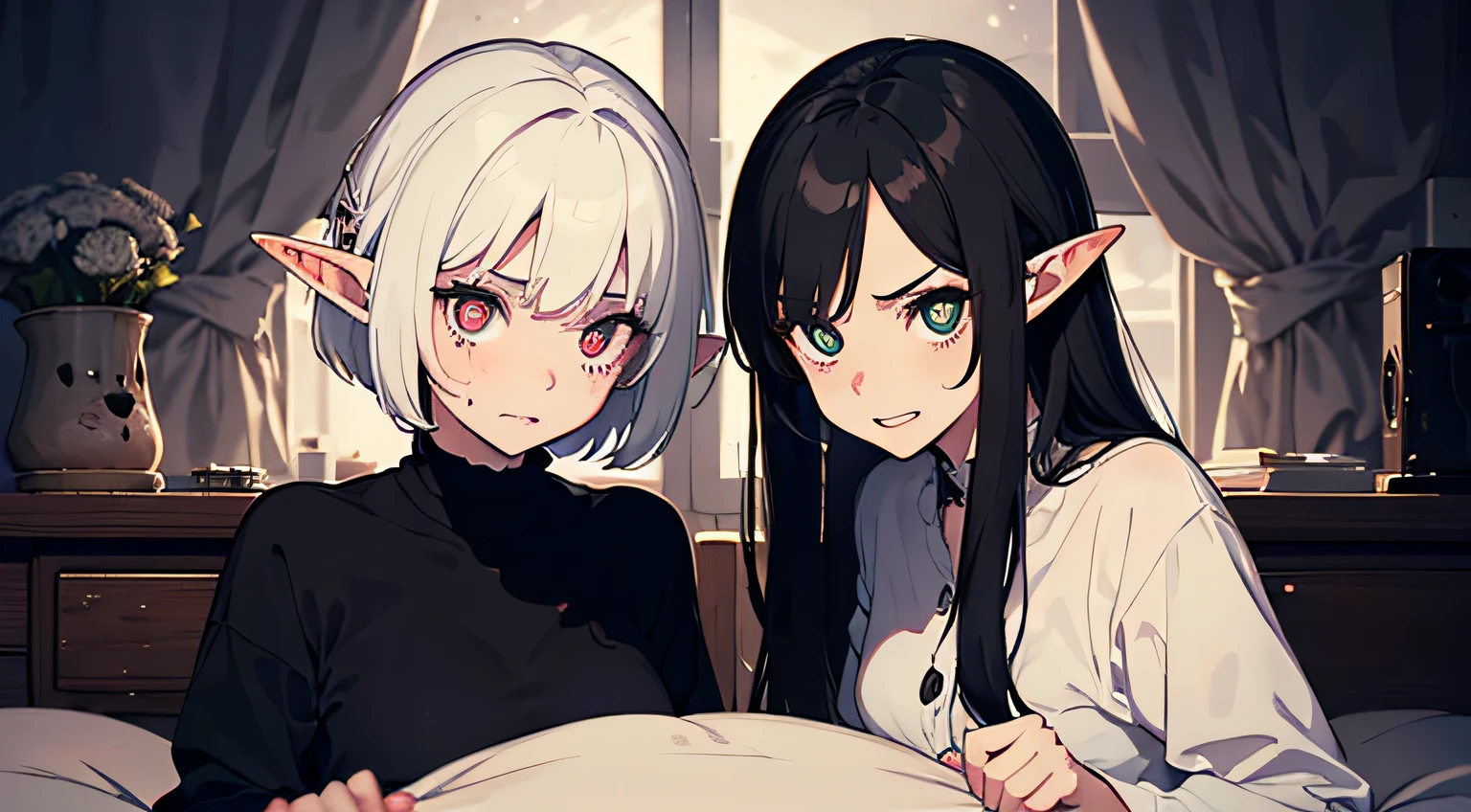 two elf girls, looking at viewers, black long hair, White short hair, Dark colors, ghotic style, Creepy style, Mommy Vibe, Two elf, Crazy, Strong facial study, Wild expression on his face, anger, Cat's pupils, grin, night time, bedroom