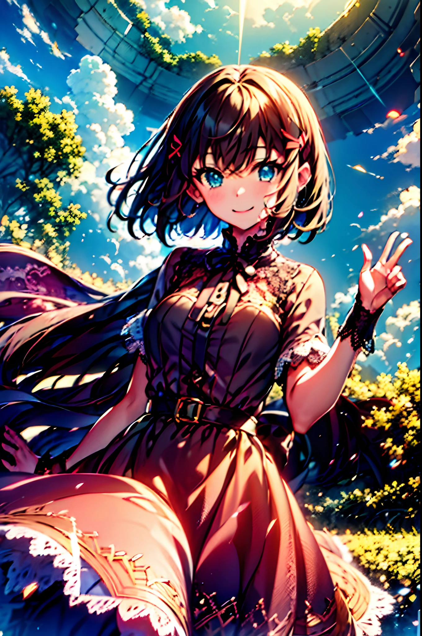 1 girl, Shoko, Valvrabe, Fantasy World, Ruins, Bang, Beautiful sky, shining sky, Sunshine, Smiling, Waving, Belt wristband, ribbon choker, Dresses that blow the wind, Lace dress