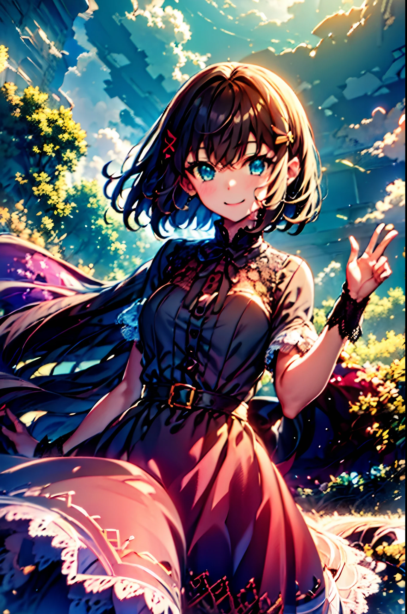 1 girl, Shoko, Valvrabe, Fantasy World, Ruins, Bang, Beautiful sky, shining sky, Sunshine, Smiling, Waving, Belt wristband, ribbon choker, Dresses that blow the wind, Lace dress