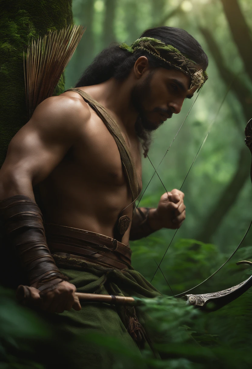 Oxossi , Homem , guerreiro , com roupa verde, Orisha of the forest that has over its domain the bow and arrow , 4k, com luz brilhante, Mshiff, Arte do papel de parede, Papel de parede UHD