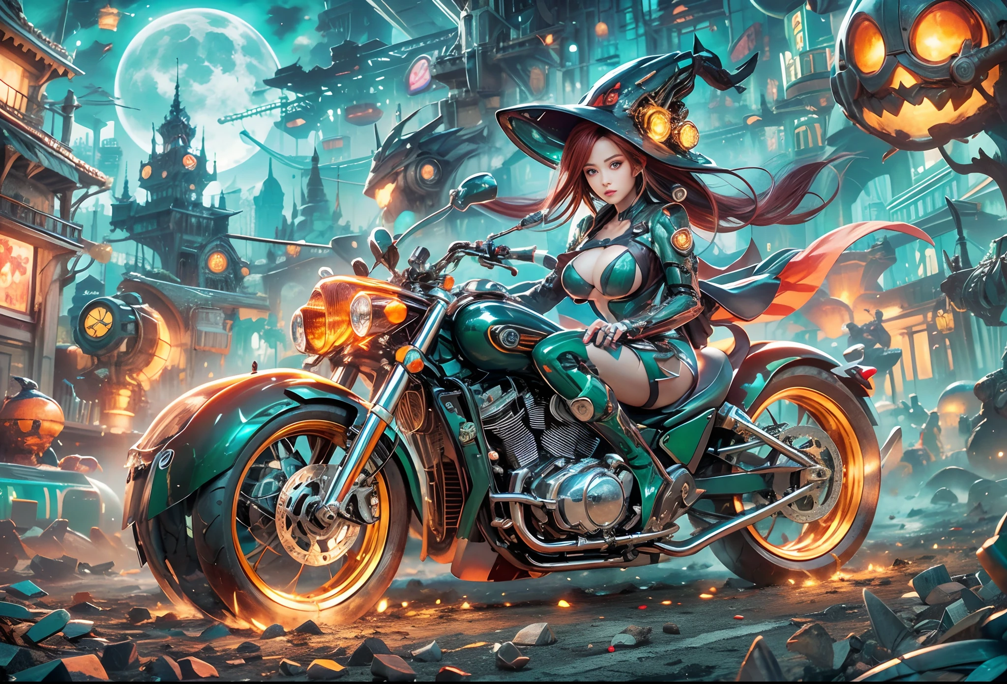 8K, top-quality, （pubic hair beauty）、A high resolution, realisticlying, Real Human、((tmasterpiece)), ((top-quality)), (The ultra-detailliert), ((hight contrast)), (a high chroma), (Beautiful emerald green eyes), ((Extremely Delicately Beautiful)), (nice hand), ((Perfect hand)), (mechanical cyber city in background), Cidade futuristica, 夏天, En plein air, Girl on a motorcycle, Medium hair, red hair, Asymmetrical bangs, Beautiful detailed glass hair, eBlue eyes, smallunderboob, machinery suit, ((shining body)), (Very shiny body), Clear, jewely、ornament detached、a gorgeous、opulent、magnifica、Illumination is scattered throughout the body、Brightness of illumination、Roberto、Cyborgs、Android、tightsuit、((huge tit、Chest Valley、beautifullegs))