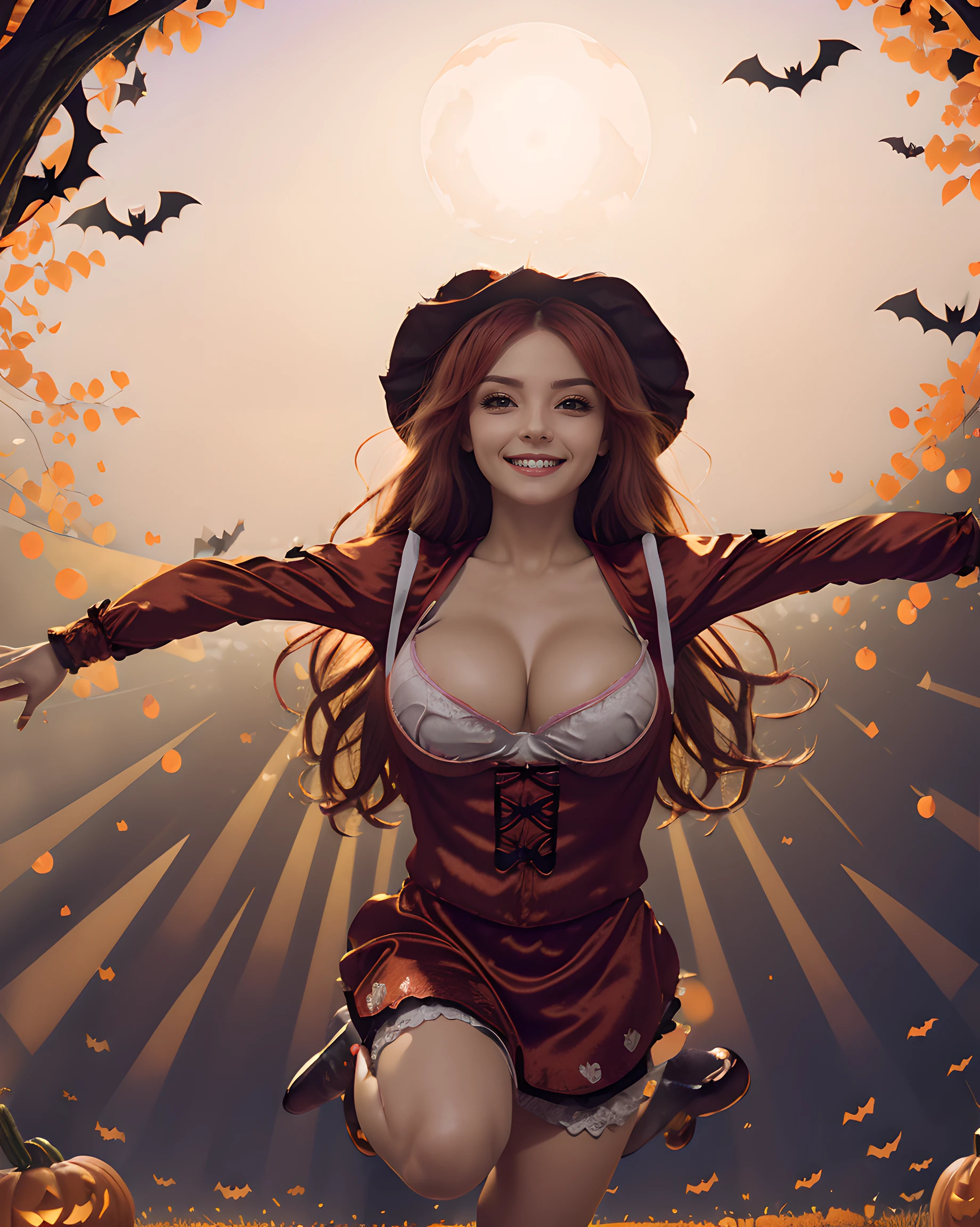 (Halloween theme:1.5), (fantasy:1.5), (Alice in wonderland:1.3), upper body portrait of a very busty beautiful jumping milf wearing halloween LITTLE RED RIDING HOOD costume, skin tight full lacy ultra detailed embroidery Dirndl, (fusion of red satin dirndl and gothic ta:1.3), BREAK, ((;D1.3, happy evil smile:1.2)), perfect face,perfect eyes,HD details,high details,sharp focus,studio photo,HD makeup,shimmery makeup,celebrity makeup, (bust up image:1.5), ((centered image)) (HD render)Studio portrait,magic, magical, fantasy,(huge breasts)(large breasts),(big breasts),(sagging breasts), tree, forest, halloween forest, jack-o'lantern, pink hair, halloween background, bright pumpkin, (RedHoodWaifu, (red hood, cap)), ((front view:1.3), wolf, from above, (spread arms:1.5), (jumping:1.5), dynamic, dynamic pose, dynamic angle, (JUMP:1.5),(face on light:1.3),
