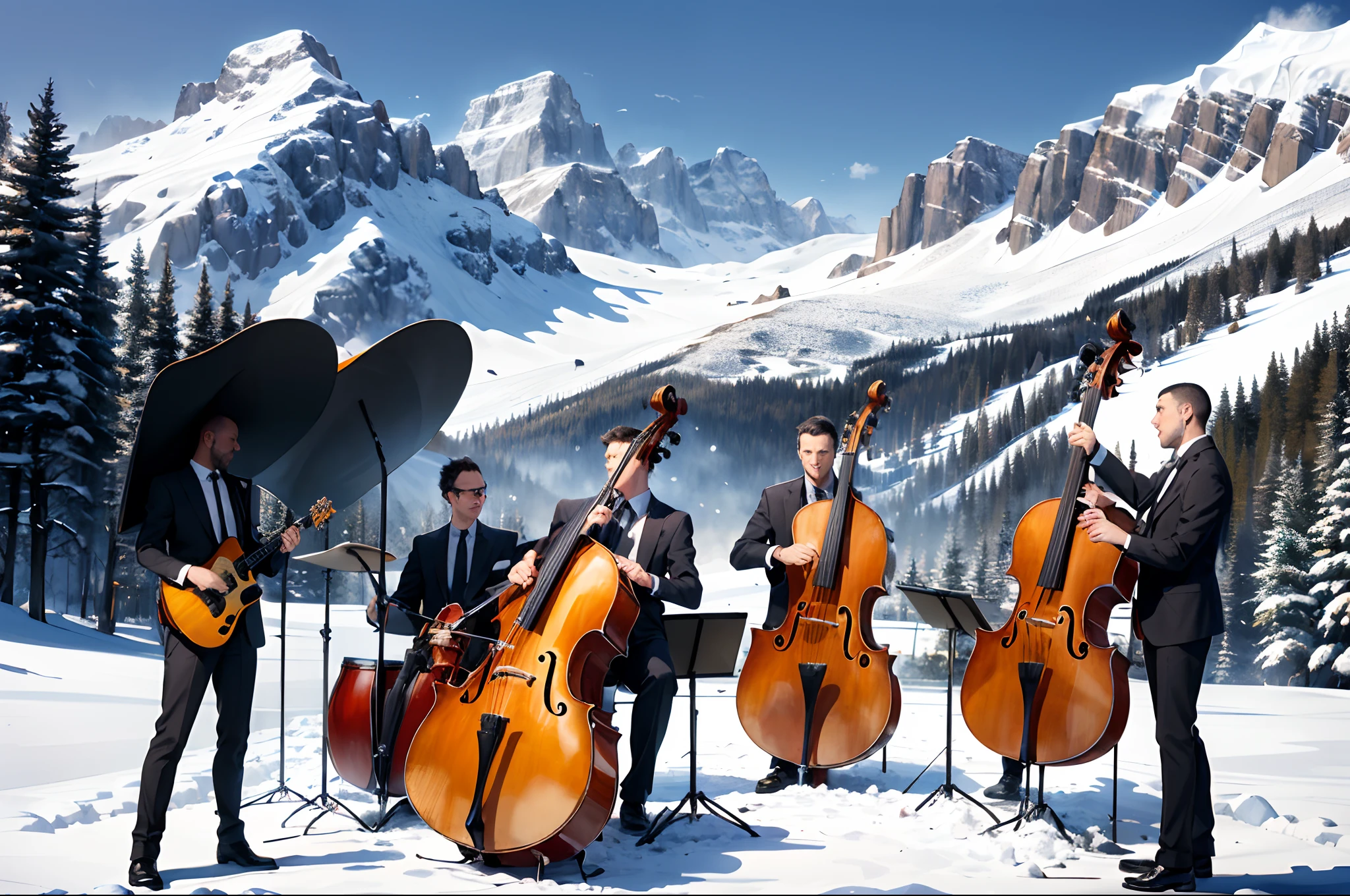 Jazz quartet staring off the peak of a snowy mountain