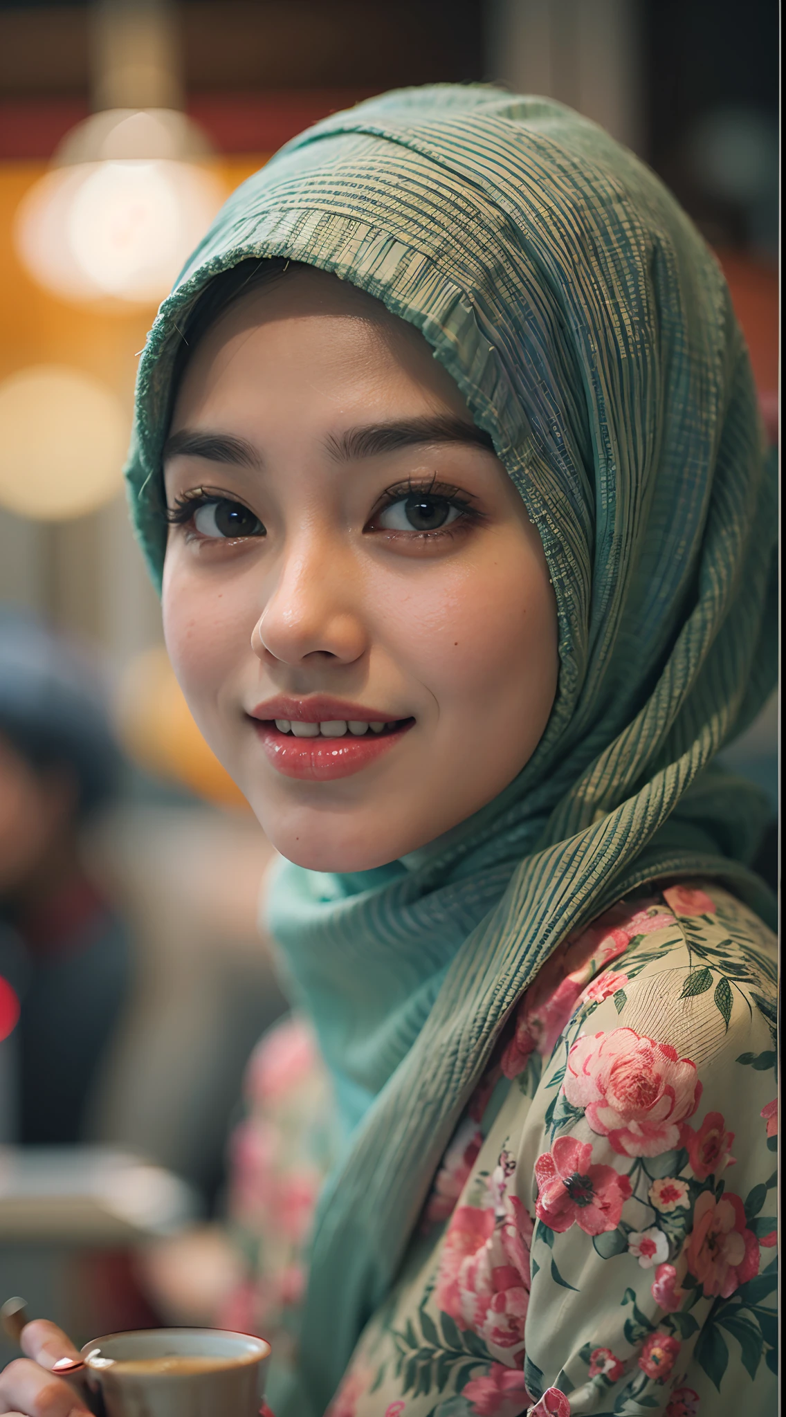 A photo of a young, nerdy malay woman in hijab sitting in a starbuck cafe with 1 malay men in office suit standing behind, woman wearing pastel floral pattern baju kurung, surrounded by a cozy atmosphere, cool ambient, looking at the viewer. (Detail skin:1.3), haired hand,
Hijab, slender, red lips,  flirting with the camera, 35mm, Over-the-shoulder shot, vibrant color grading, light leaks, starbursts, epic fantasy