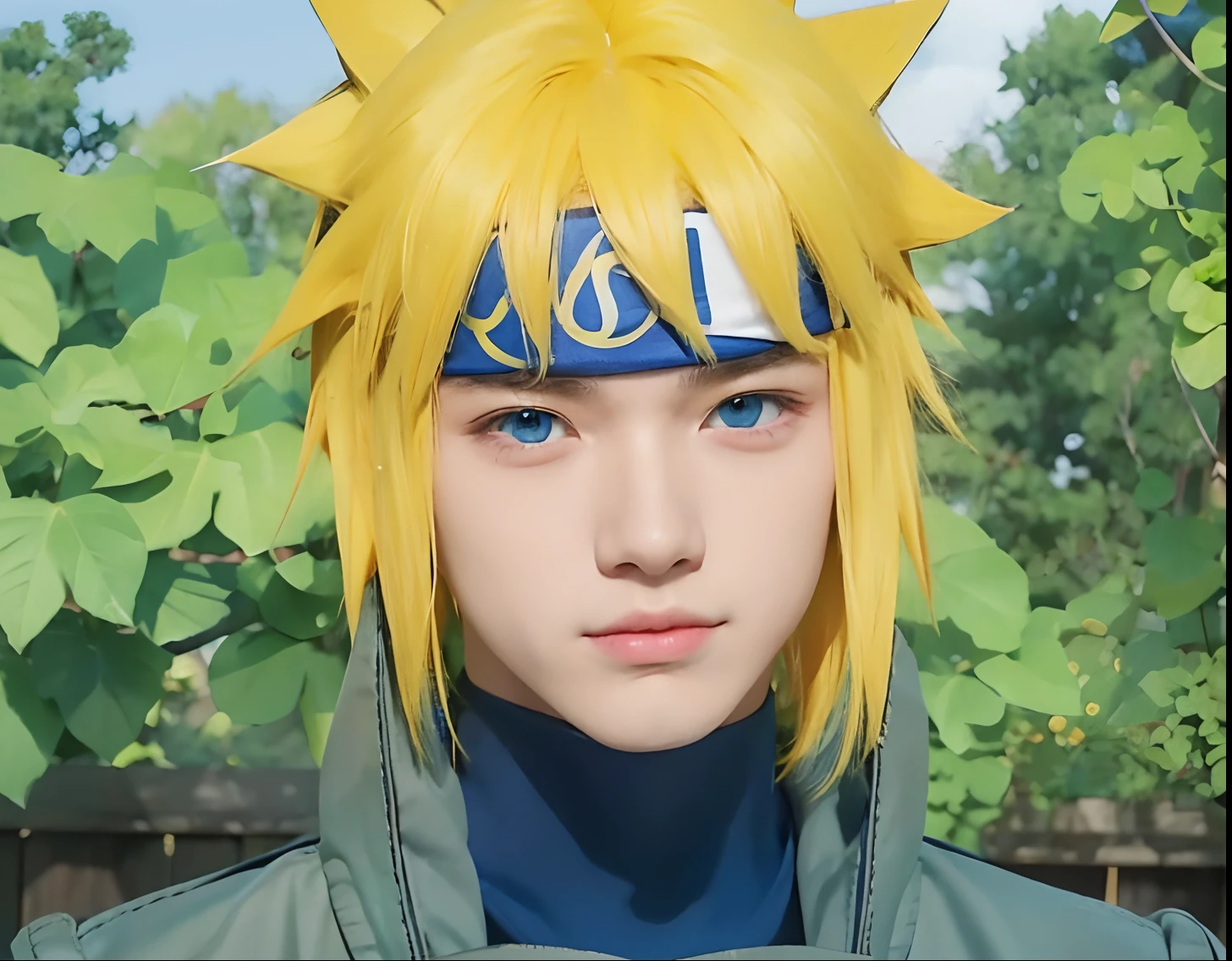 boy with realistic yellow hair, realistic bandana, Realistic bright blue eyes,handsome face of Korean teenager,Realistic cool expressions, adapt the exact same clothes, realistic light,Realistic shadows, realistic backgrounds