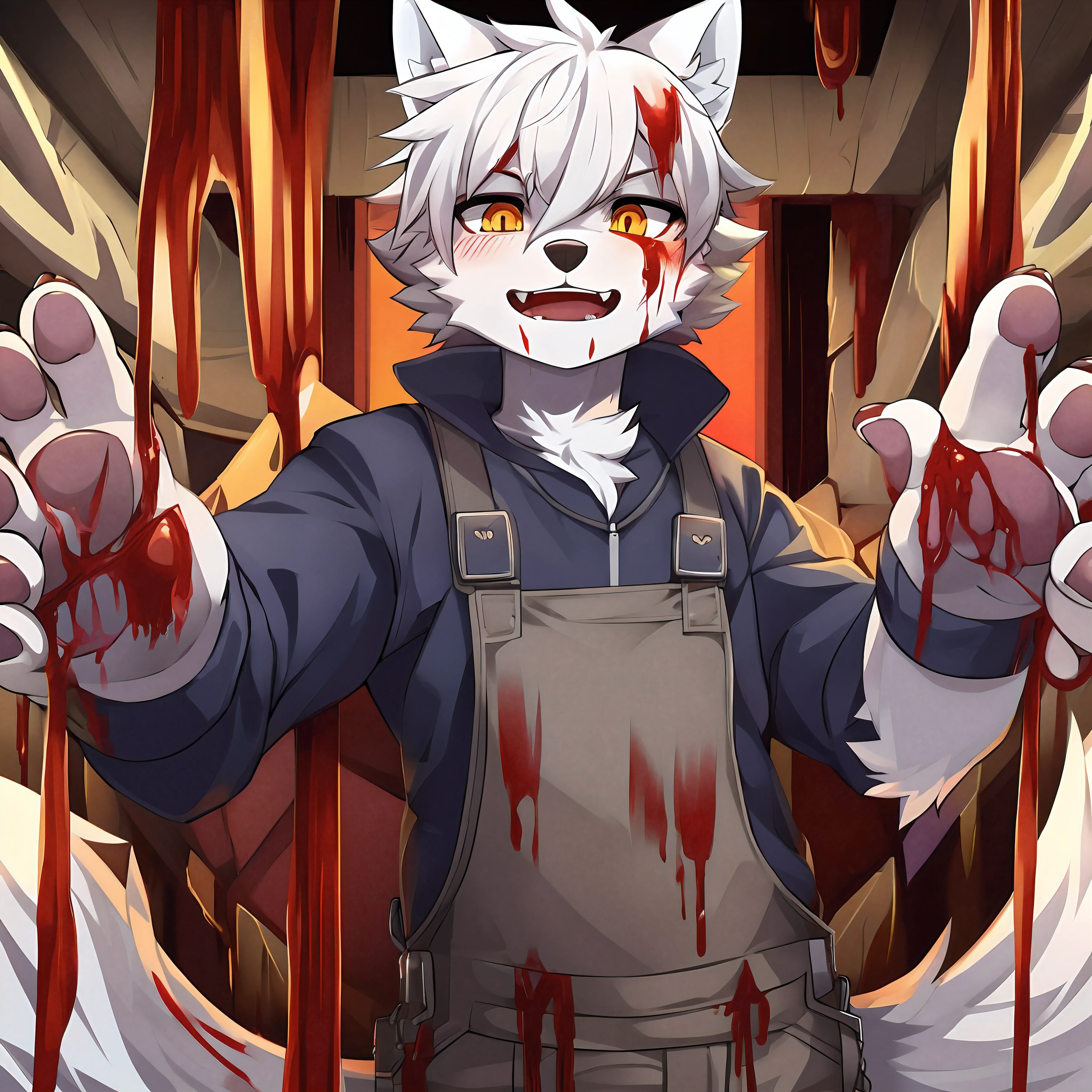 terroral,blood vess,Be covered in blood,The corners of his mouth were stained with blood,solo person,White body,White ears,White hair,White fur,Overall white,Orange-yellow eyes,Wolf tail,Wolf orcs,Wolf paws,Young,Wear a jacket,Ultra-clear screen,Soft lines