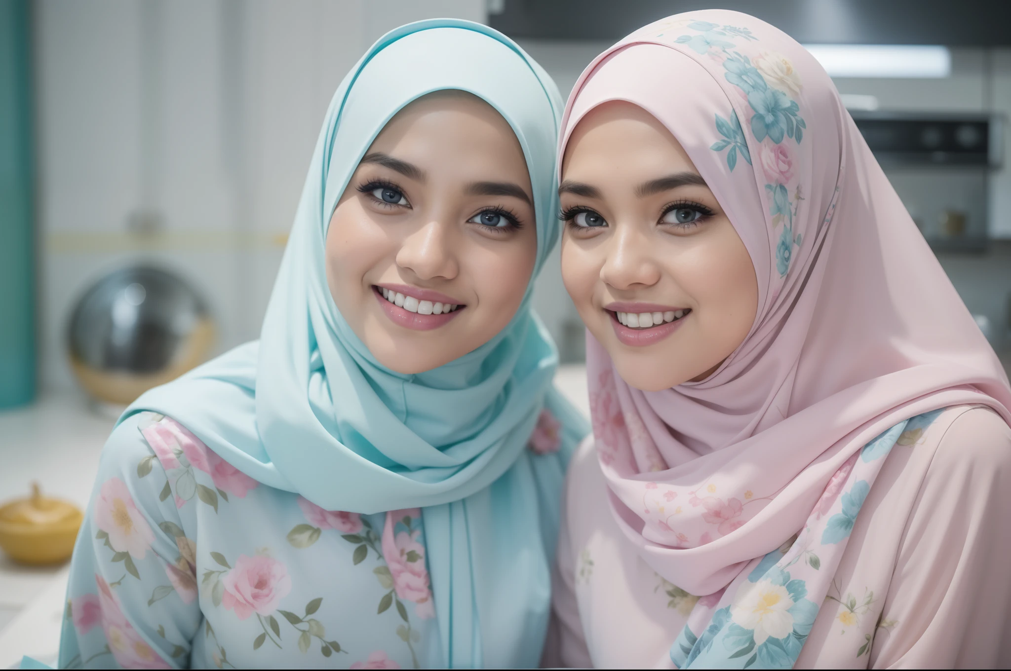 4 beautiful malay girl in pastel color hijab taking picture in modern kitchen, wear pastel blue and white floral pattern baju kurung, friendly and laughing situation, laughing, happy, modern pastel color kitchen, detailed skin texture, soft lighting, pastel color theme,8mm, Close-up shot, cool-toned color grading, depth of field, film noir, high quality, ultra detail, 8k resolution,