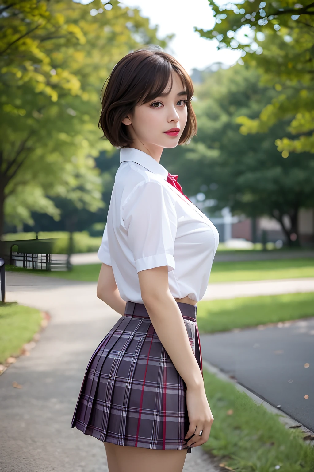 nsfw, 8K raw photo, Best quality, masterpiece, ultra high res, film grain, filmg, 1girl, looking at viewer, natural skin texture, realistic eye and face details, full lips, lipstick, (makeup), red eyeshadow, fluffy short hair, messy hair, smile, close mouth, beautiful legs, tall female, skinny, slim_legs, solo, enormous breast, cleavage, Pose with buttocks facing you, ultra short skirt, ass, shirt, beautiful nature location, around flower location, (detailed background), plaid skirt, white shirt, enormous breast, cleavage, Show a little cleavage through the shirt, loafers, blurry background, blurry, holding, plaid, short sleeves, jk ribbon on the neck, jk ribbon, brown hair, bracelet, water, bangs, school uniform, jewelry, parted lips, lips, from side, pleated skirt, depth of field