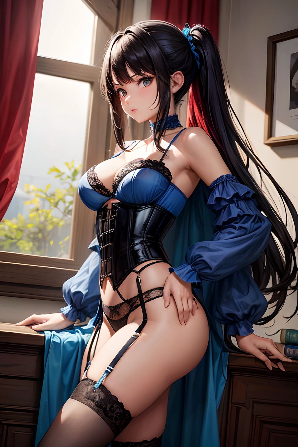 (La mejor calidad, Altas Resoluciones, Ultra detallado),Una mujer cabello negro largo y lacio y ojos negros, que sea de tes morena, cabin, Thong-stringed corset with blue lace garter belts,
