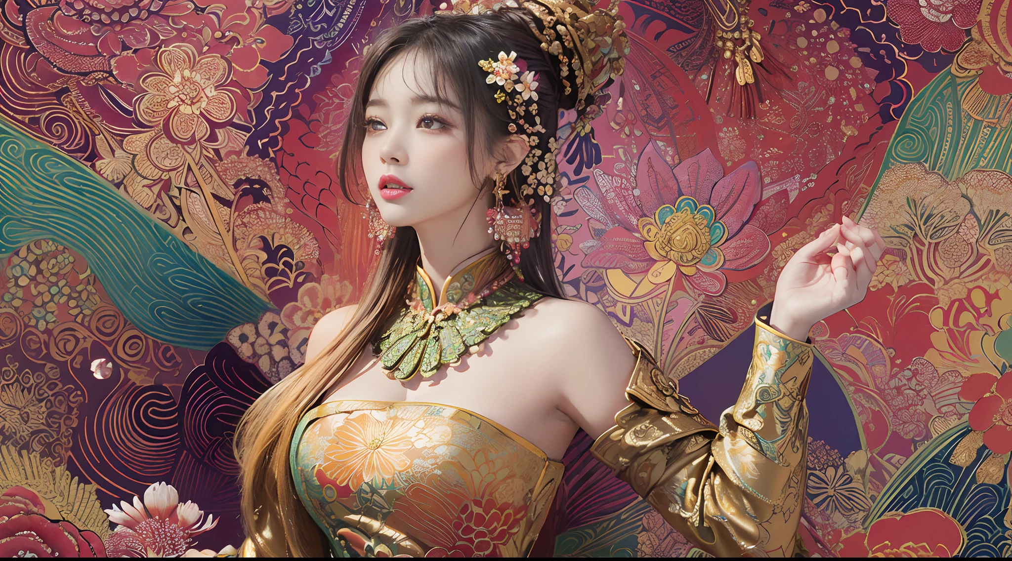 (masterpiece, top quality, best quality, official art, beautiful and aesthetic:1.2), (1girl:1.3), extremely detailed,(fractal art:1.1),(colorful:1.1)(flowers:1.3),highest detailed,(zentangle:1.2), (dynamic pose), (abstract background:1.3), (chinese Traditional cloth:1.2), (shiny skin), (many colors:1.4), ,(earrings:1.4),