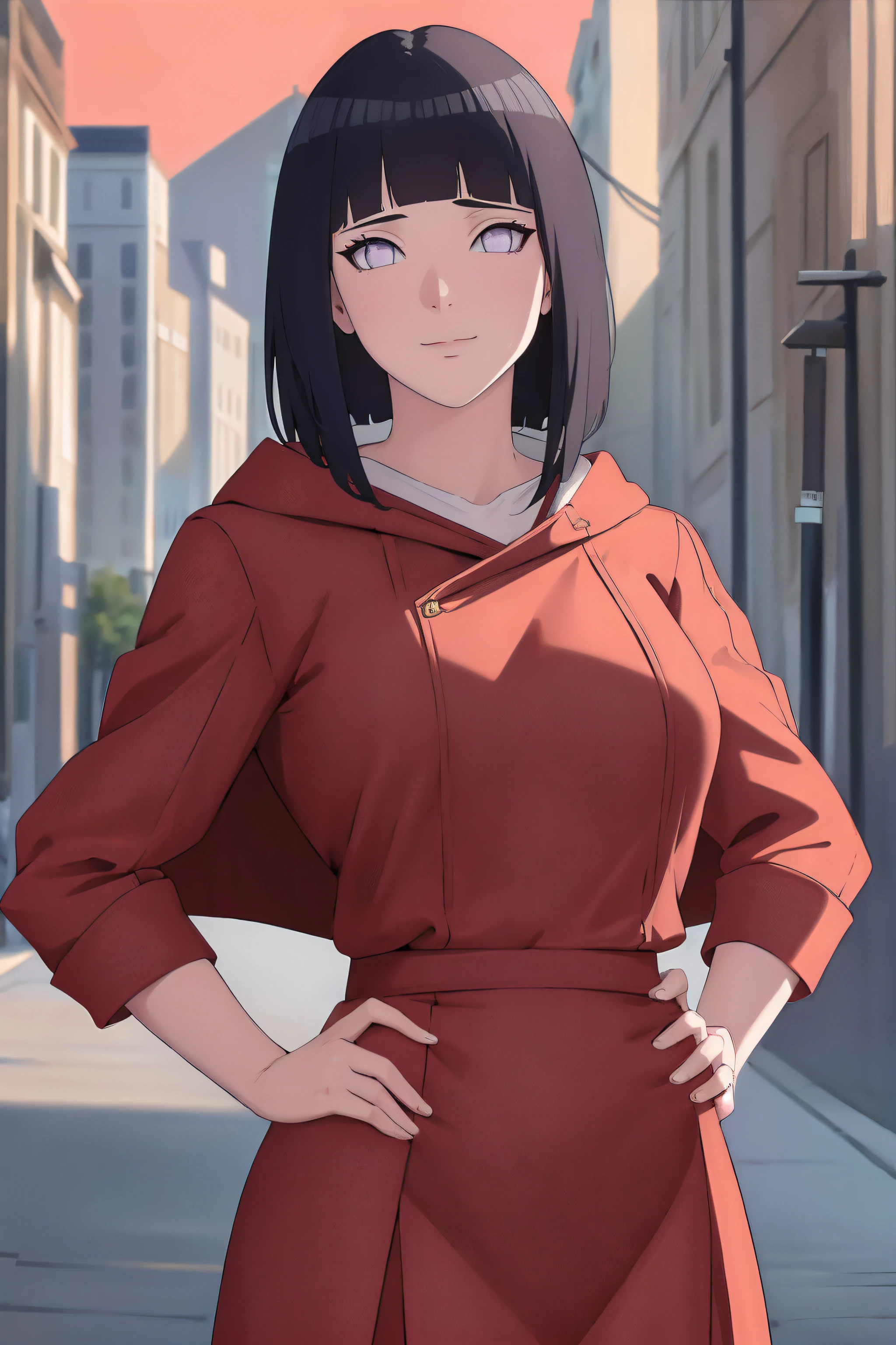 masterpiece, absurdres , (intricate details), (colorful),cinematic lighting,bust shot,extremely detailed CG unity 8k wallpaper ,hinata\(boruto\), 1girl, solo,mature female, walking in streets,pose, hand on hip, looking at viewer, red dress with a red cape,cowboy shot,NSFW,official art,extremely detailed CG unity 8k wallpaper, perfect lighting, (masterpiece:1.0),(best_quality:1.0), ultra high res,4K,ultra-detailed, photography, 8K, HDR, highres, absurdres:1.2, Kodak portra 400, film grain, blurry background, bokeh:1.2, lens flare, (vibrant_color:1.2),(beautiful_face:1.5),(narrow_waist),(perfect hands, perfect anatomy),