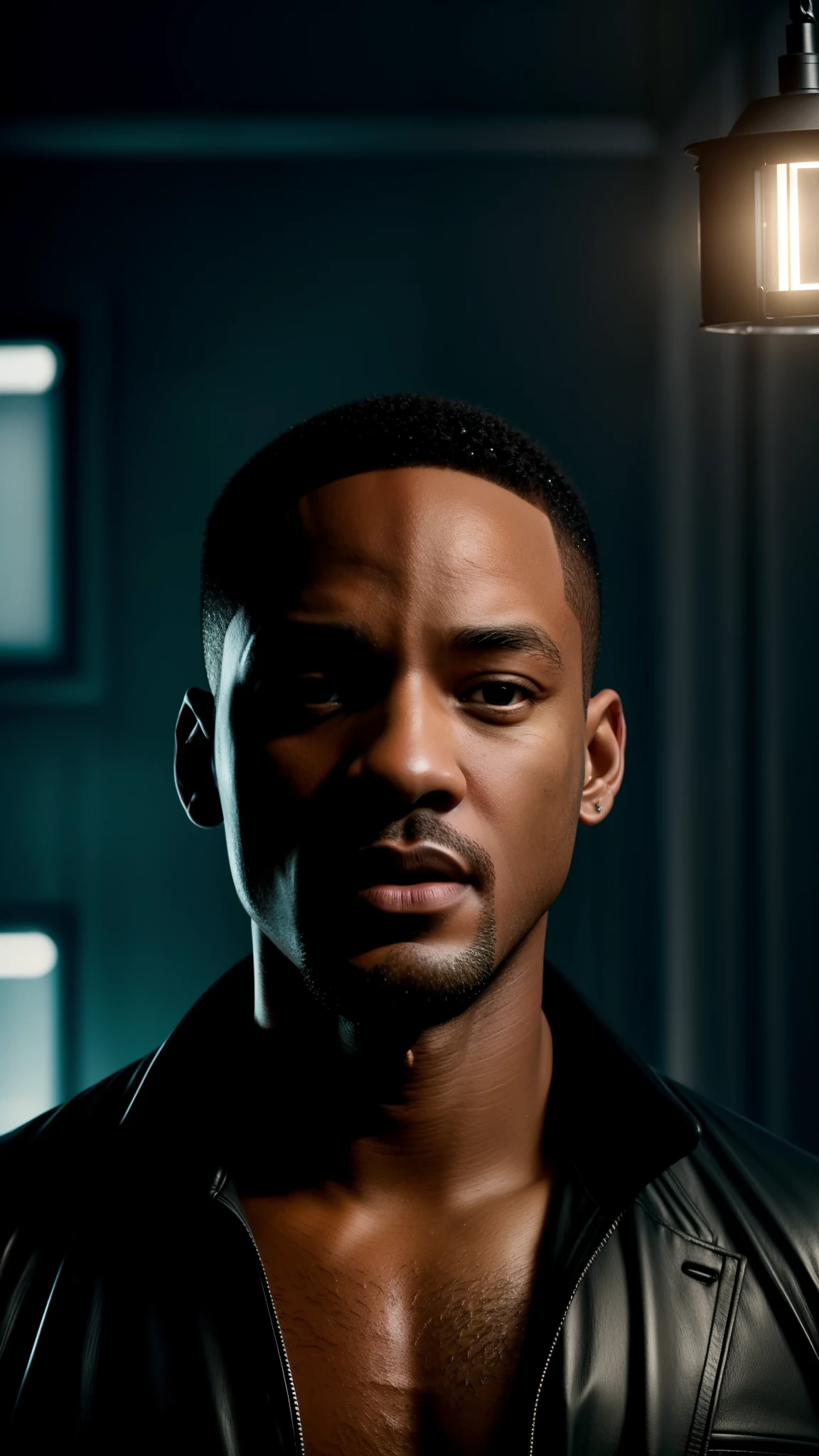 solitary Man, Suffering from depression alone, No one is in a sad environment,Will Smith(Will Smith),(Surface 1.4),(Surface 1.4),Bare chest, (Upper body photo 1.6),Knock,Side Body,Lateral face,Standing in the rain,Realisticstyle, (Scenes:Heavy rain poured down1.6,(The sinister color palette and dim lighting create a sense of foreboding and unease,)),(Wearing:Boxer black shorts,),(cyber punk perssonage:1.3) ,Meticulous muscle definition, Realistic representation, 32k ULTRAHD, Best quality, Masterpiece, Super detail, High details,Showers, ultra - detailed, (Art Station:1.5), Cinematic, warm lights, Light effect, Dramaticlight, (Intricate details:1.1), the complex background,Introverted and deep side depictions,From the abdomen to the head,Professional-grade bust photos, (Photo 4k:1.1) , Perfect anatomy, Realistic face: 1.2, Perfect face, Very detailed and dramatic, Cinematic lighting, Lighting scene, Soft lights, (greg rutkovsky:0.8), (Teal and orange:0.4),