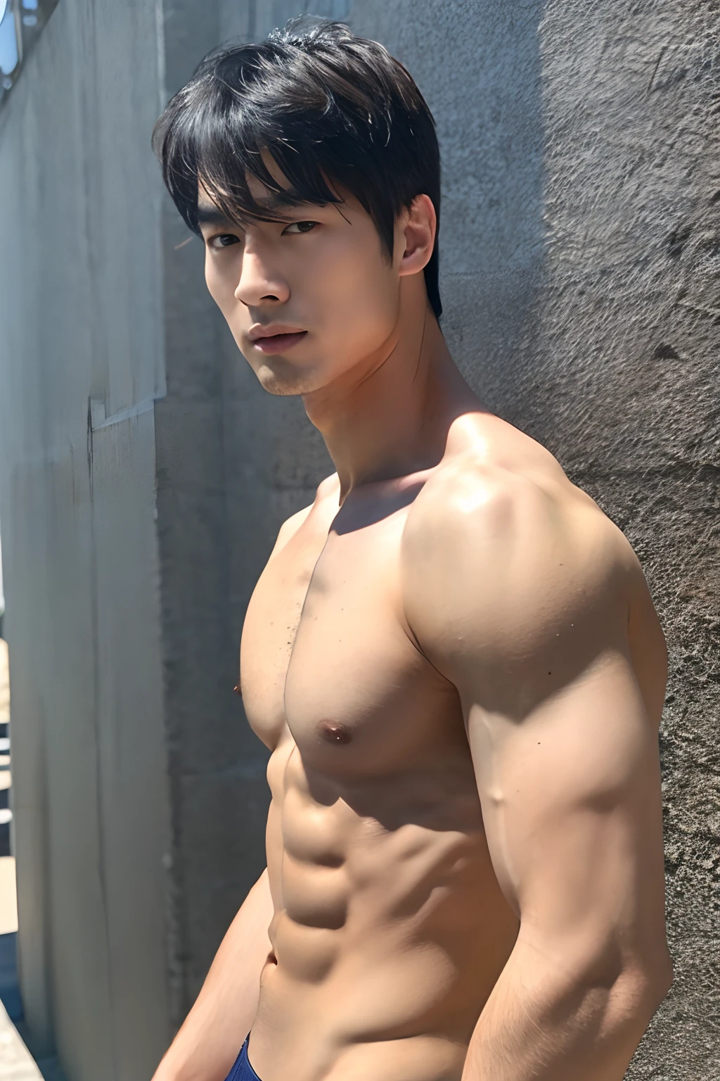 handsome Japanese guy, well-muscled, Upper body naked, 4K, hight resolution, smooth skin, finely detailed skin, TA-Q-BIN, bulge