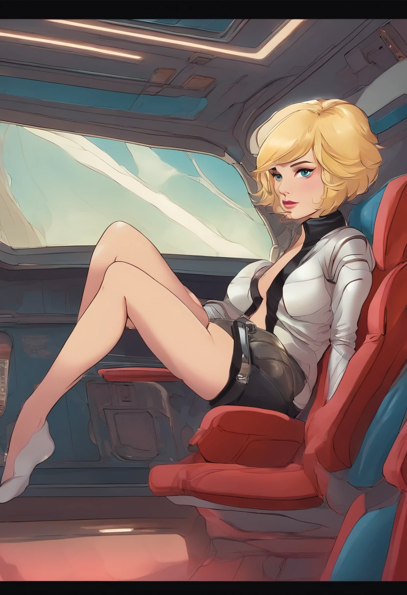 Beautiful  naked girl sitting inside a spaceship cockpit, medium sized breast with pink niples, short bobcut blonde hair, open legs showing shaved genital, ultra realistic,  8k HD, photorealistic,  phot quality 1.4, good lighting